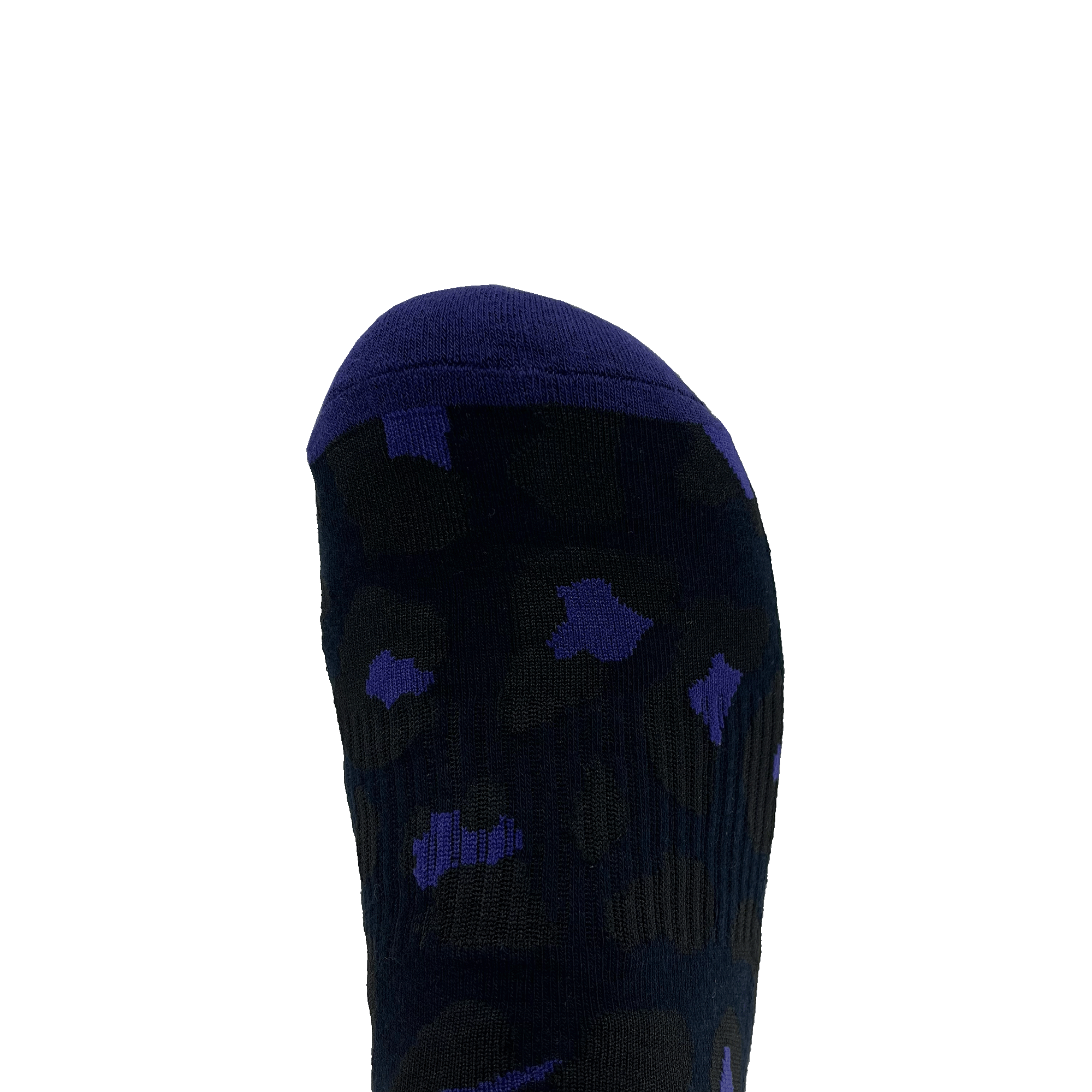 Close-up of the toe of a black and blue Oaklandish crew sock.