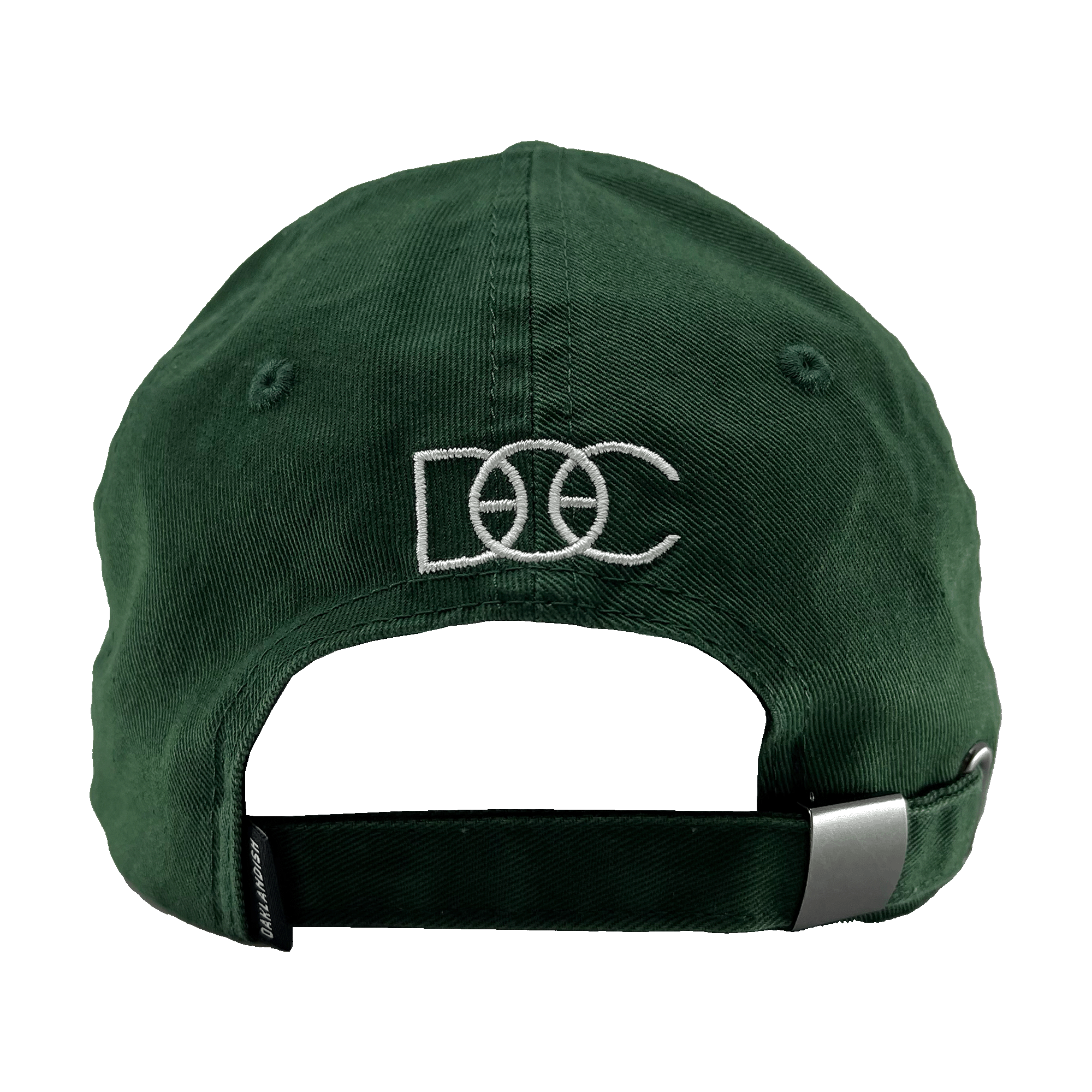 Back view of green Oakland Dad Hat designed by Dustin O. Canalin white embroidered DOC wordmark, adjustable strapback, and small Oaklandish wordmark tag.