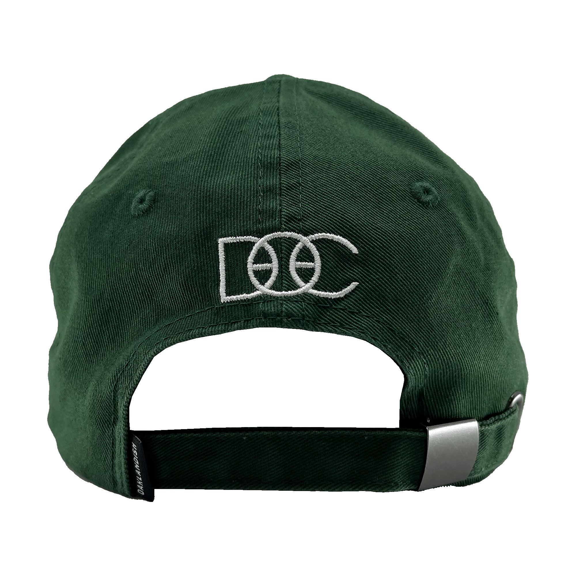 The Happy Oakland Dad Hat from Oaklandish is shown from the back. It features white embroidered text that reads "D O C" with a stylized basketball integrated into the "O." Embracing Bay Area culture, this green cap has an adjustable strap with a metallic buckle for size fitting.