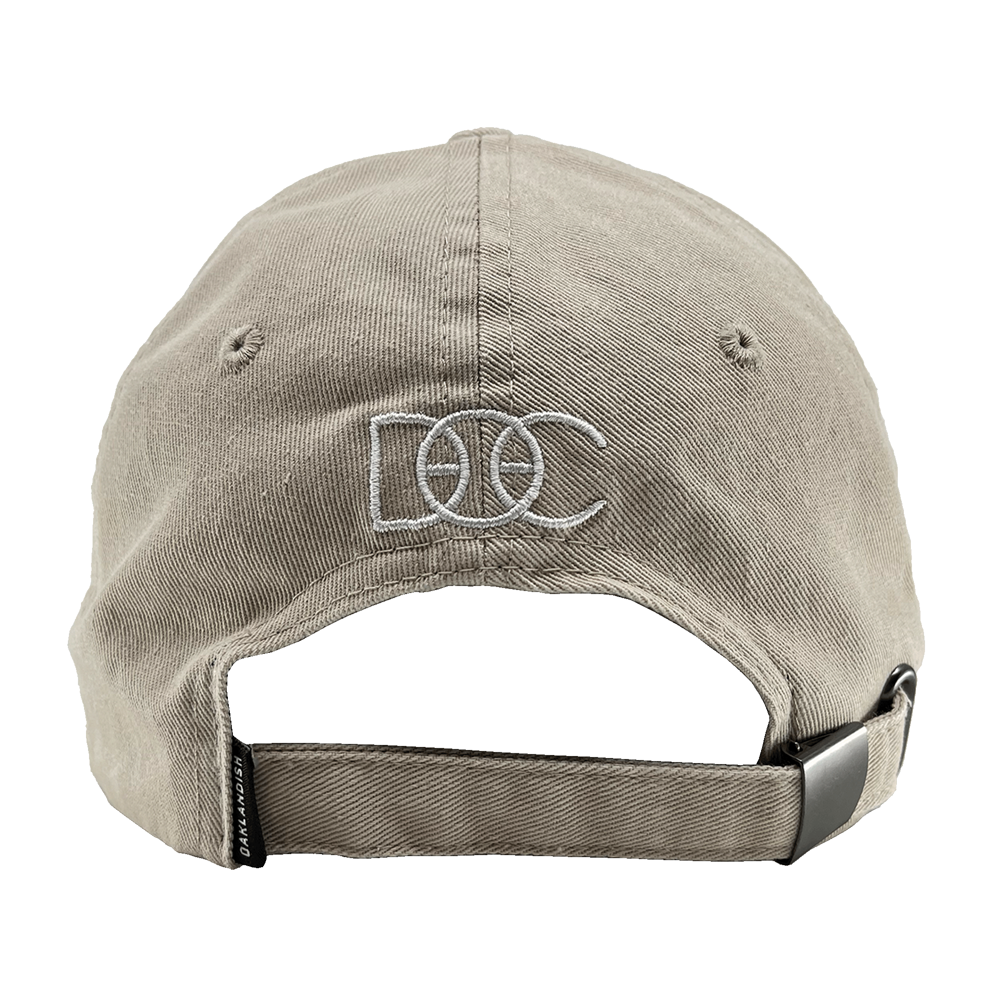Back view of khaki Oakland Dad Hat designed by Dustin O. Canalin white embroidered DOC wordmark, adjustable strapback, and small Oaklandish wordmark tag.
