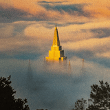 Close-up of a photo of Oakland Temple surrounded by fog taken by photographer Vincent James on a black t-shirt.