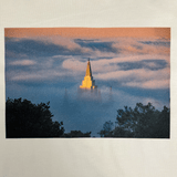 Close-up of natural color t-shirt with an image of Temple surrounded by fog by landscape photographer Vincent James.