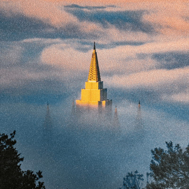 Close-up of a photo of Oakland Temple surrounded by fog taken by photographer Vincent James on a natural cotton colored t-shirt.