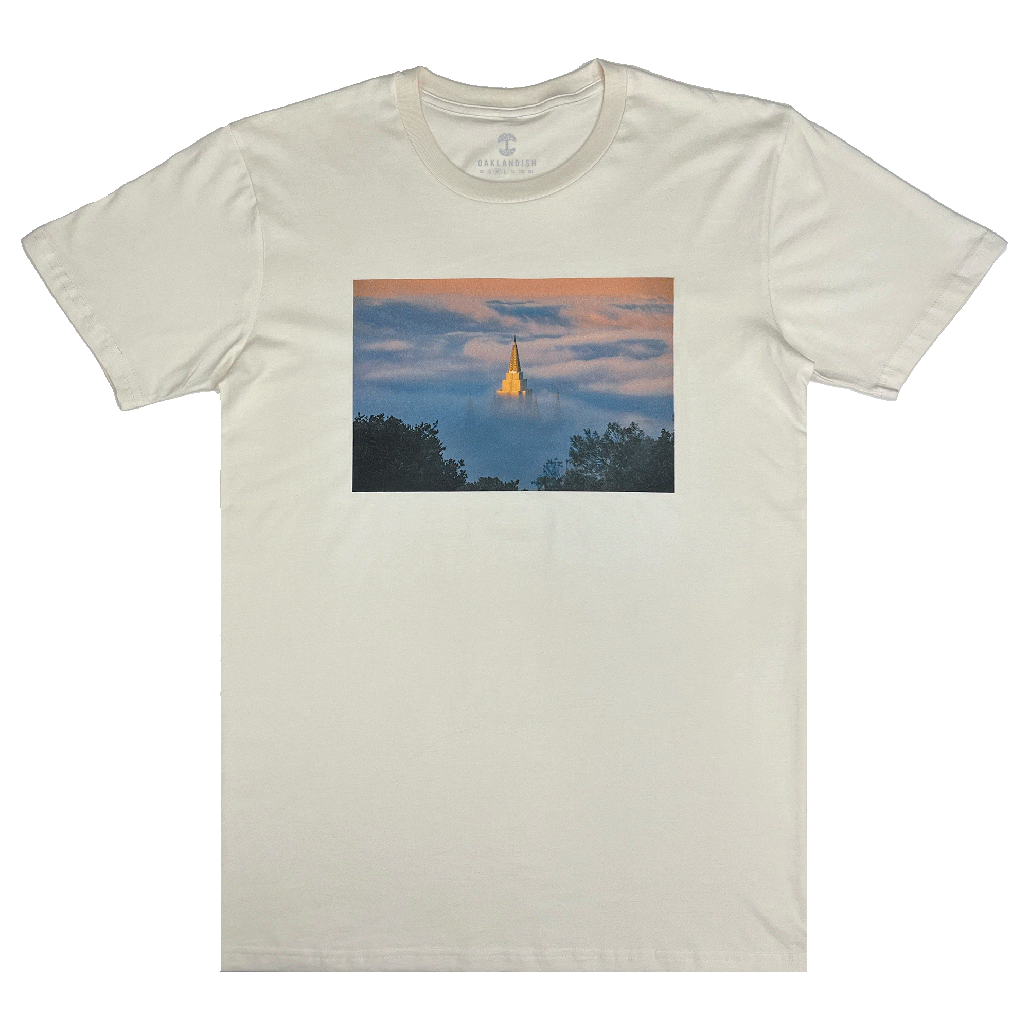  Natural cotton color t-shirt with an image of an Oakland Temple surrounded by fog by landscape photographer Vincent James.