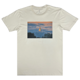  Natural cotton color t-shirt with an image of an Oakland Temple surrounded by fog by landscape photographer Vincent James.