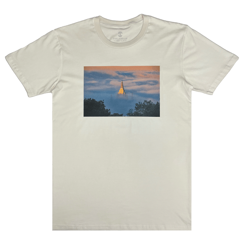  Natural cotton color t-shirt with an image of an Oakland Temple surrounded by fog by landscape photographer Vincent James.