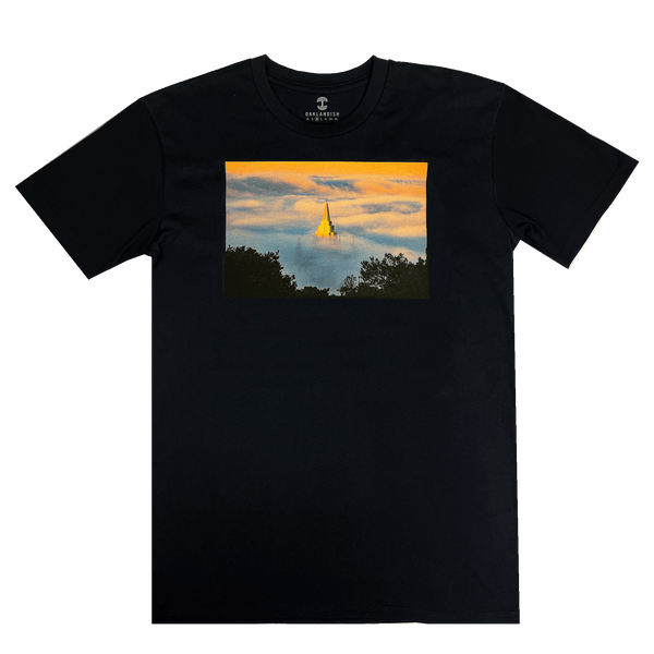 Black t-shirt with an image of an Oakland Temple surrounded by fog by landscape photographer Vincent James.