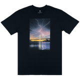 Black t-shirt with image of  lightening in Oakland by photographer Vincent James.