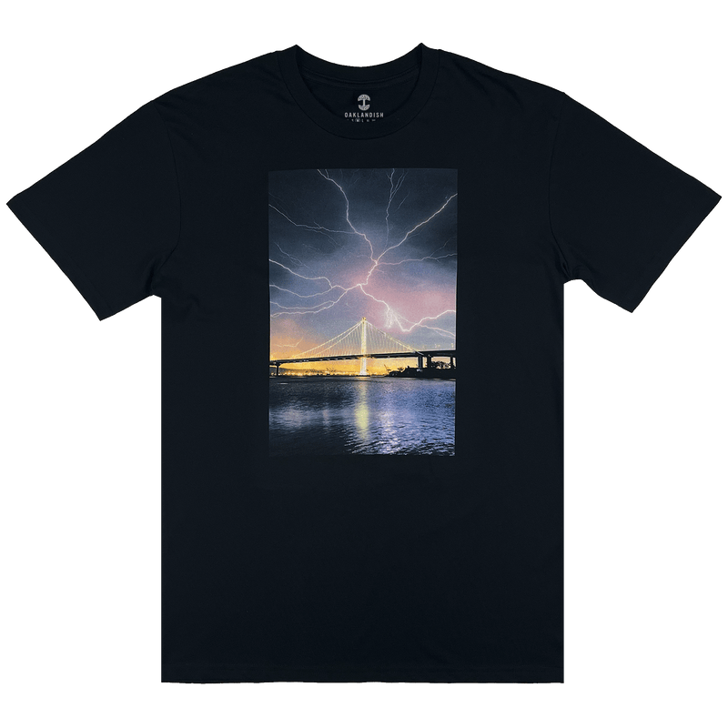 Black t-shirt with image of  lightening in Oakland by photographer Vincent James.