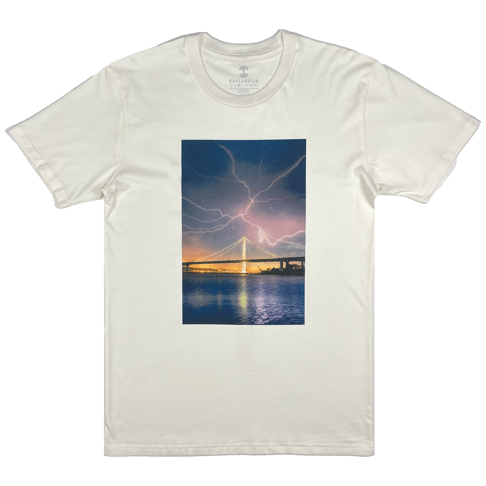 Photo of lightning over Bay Bridge in Oakland on natural cotton colored t-shirt.