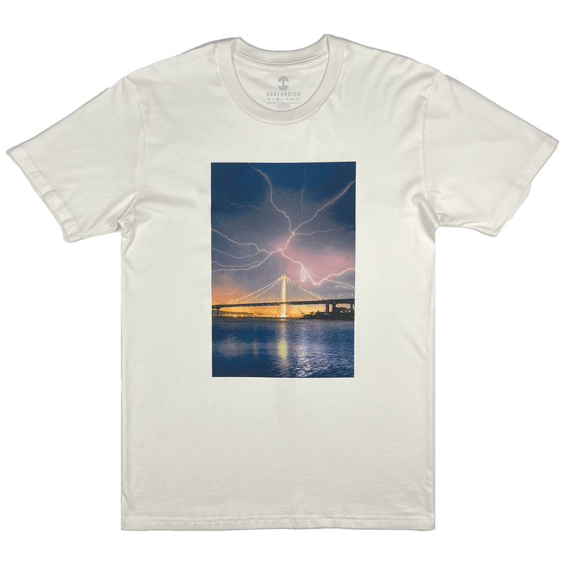 Photo of lightning over Bay Bridge in Oakland on natural cotton colored t-shirt.