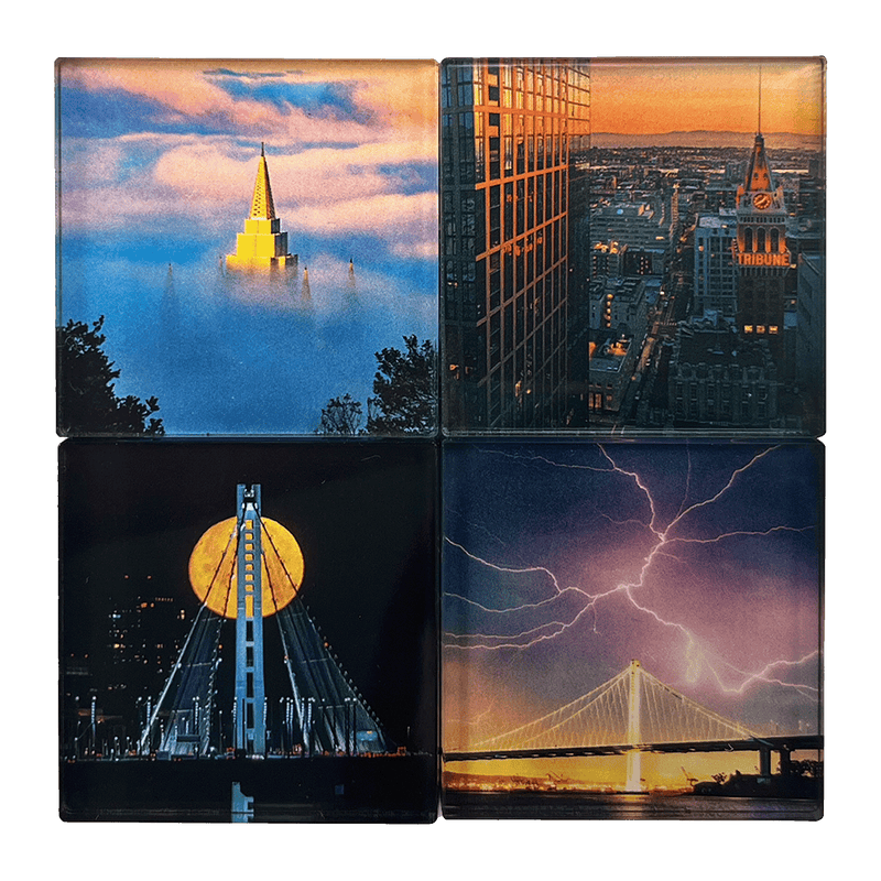 Front view of set of four fridge magnets with images by Oakland photographer Vincent James.