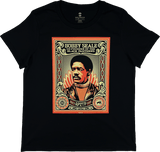Front view of a women’s black limited edition t-shirt with a large illustrated graphic by Shepard Fairey, founder of the Black Panthers. 