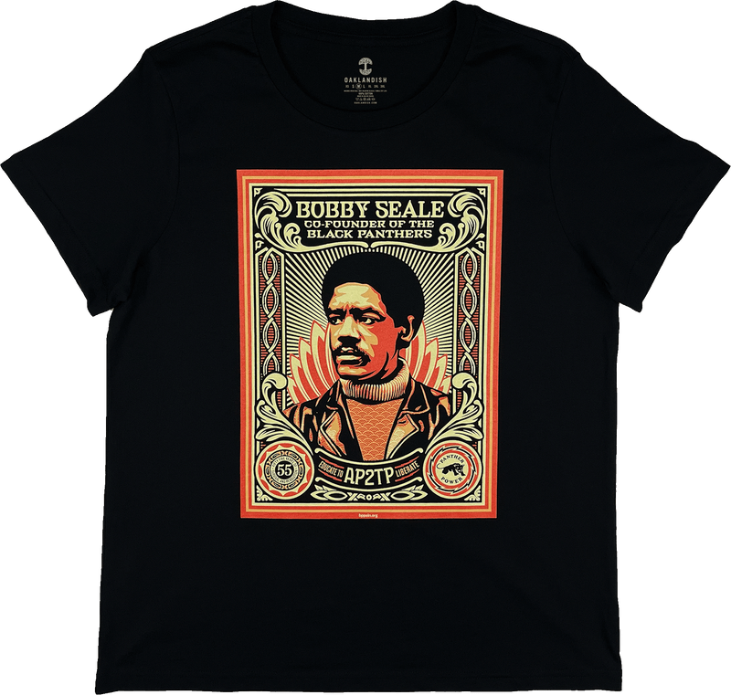 Front view of a women’s black limited edition t-shirt with a large illustrated graphic by Shepard Fairey, founder of the Black Panthers. 