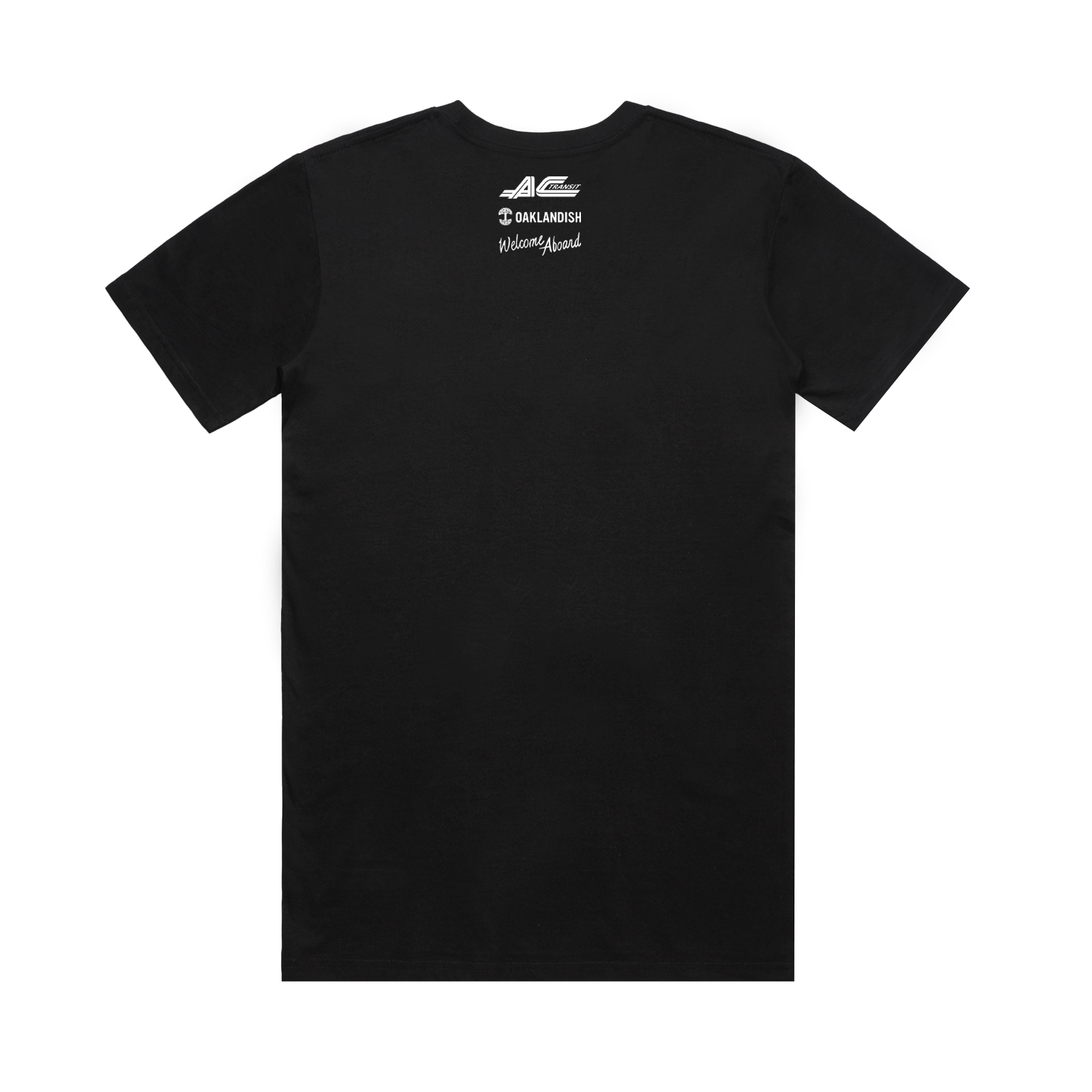 The back of the AC Transit Moves The East Bay Tee by Oaklandish features small white logos, stylized text, and a subtle AC Transit reference near the upper back on a plain black vintage-style shirt.
