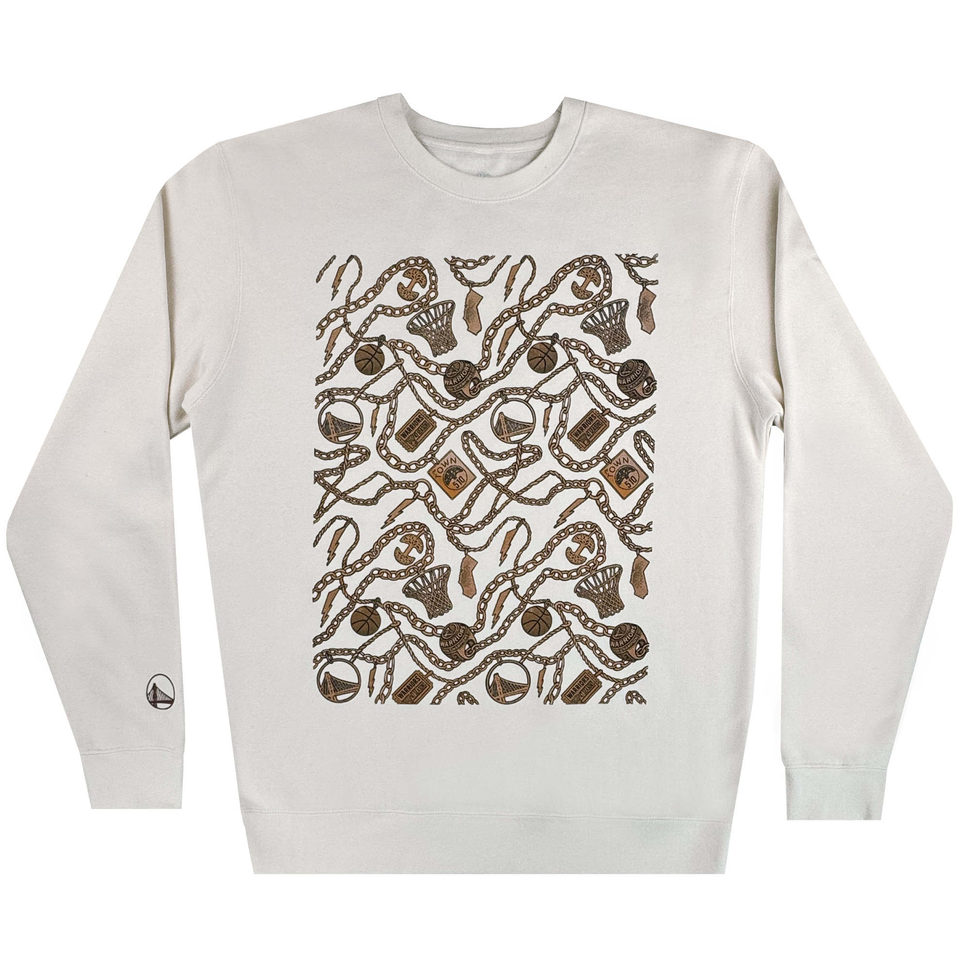 The GSW All Gold Forever Crew is a white crewneck sweatshirt from the Town Collection, featuring an abstract wavy pattern of brown accessories across the chest and a small Oaklandish logo near the left sleeve cuff.