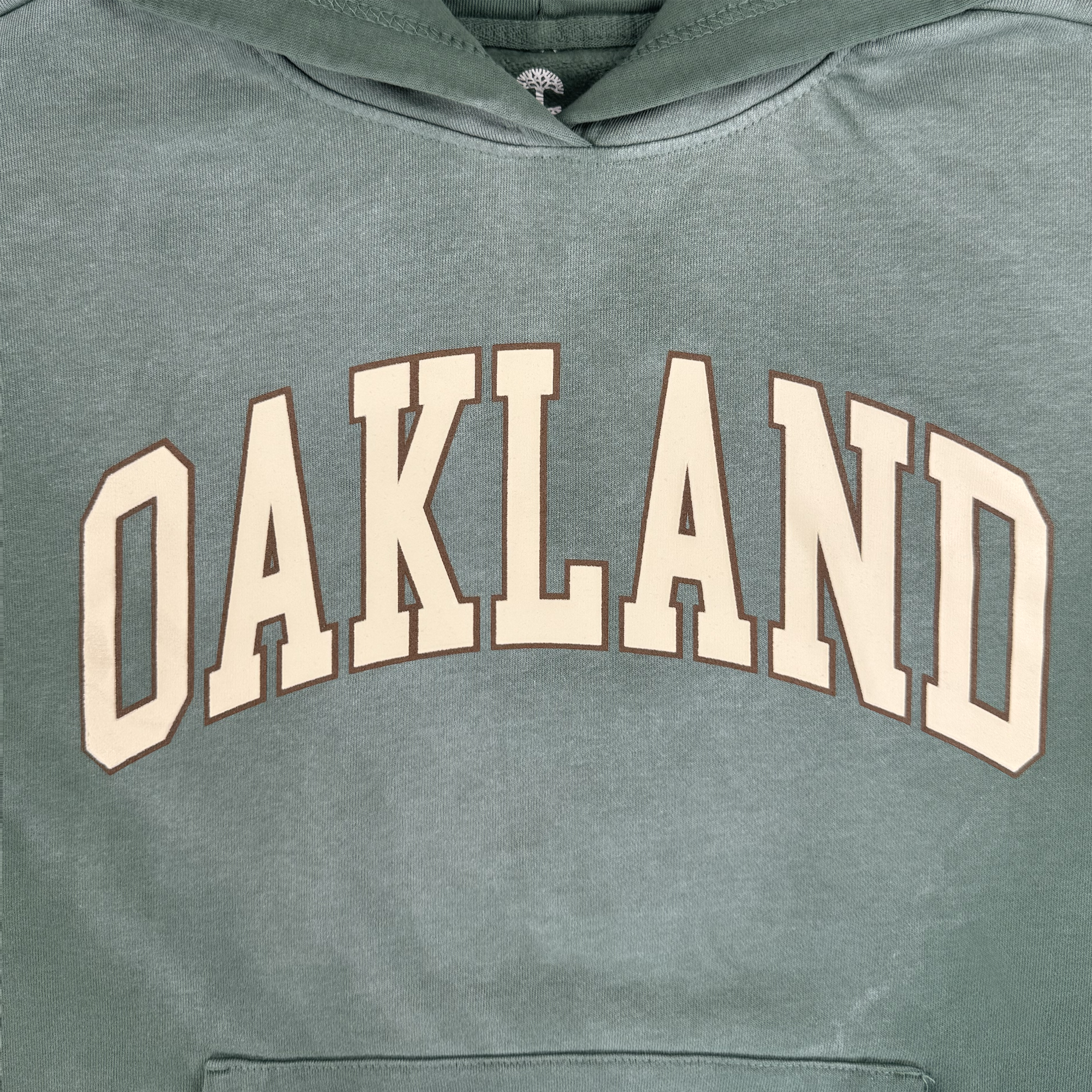 The Alma Mater Hoodie 2.0 by Oaklandish is a green 100% cotton hoodie with "OAKLAND" in large cream and brown letters across the chest. The image shows the upper front and part of the hood.