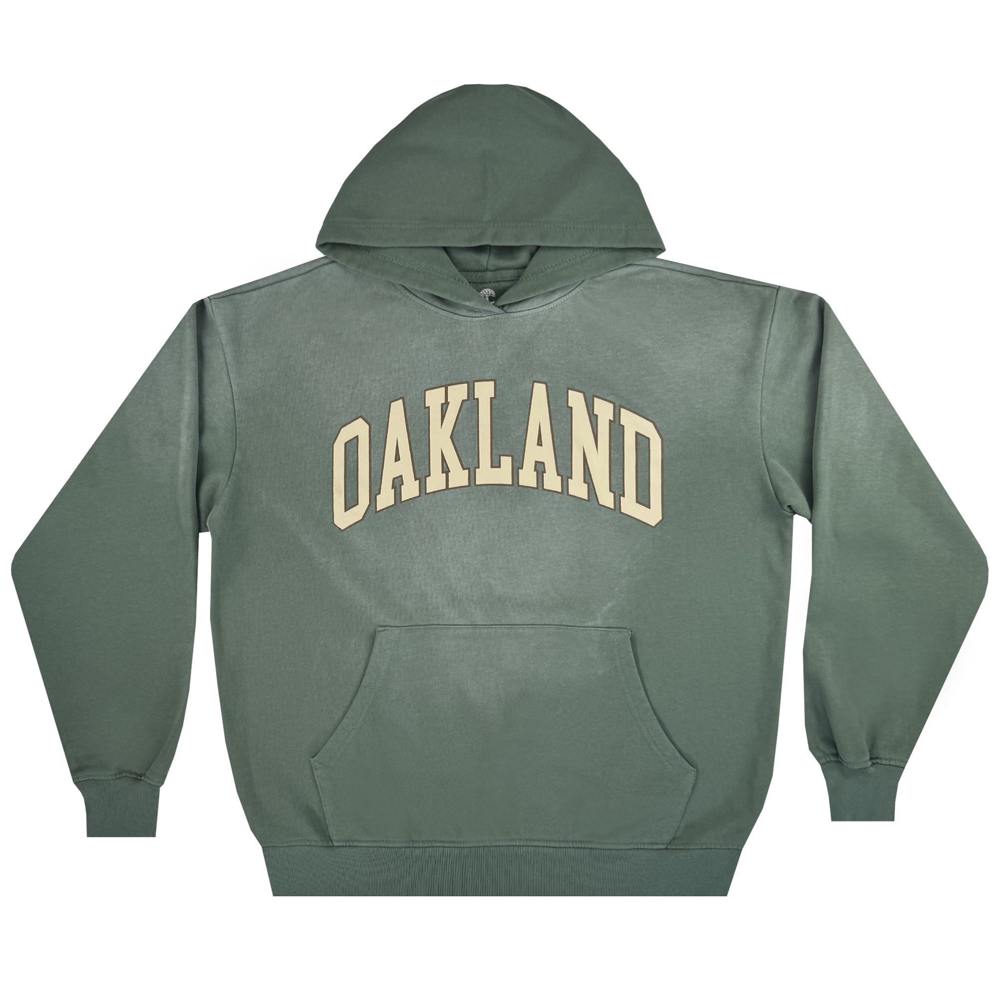 The Oaklandish Alma Mater Hoodie 2.0 is a men's green pullover, made from 100% cotton with a large front pocket and bold cream “OAKLAND” lettering across the chest, shown laid flat on a white background.