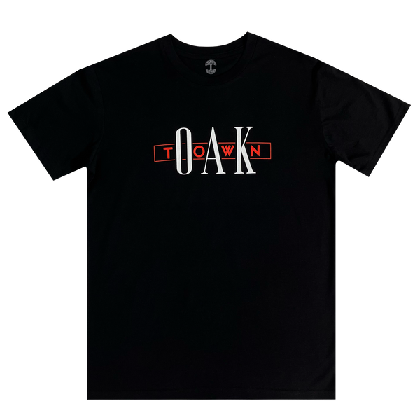 Black t-shirt with Oak and Town printed red and white ink on the chest.