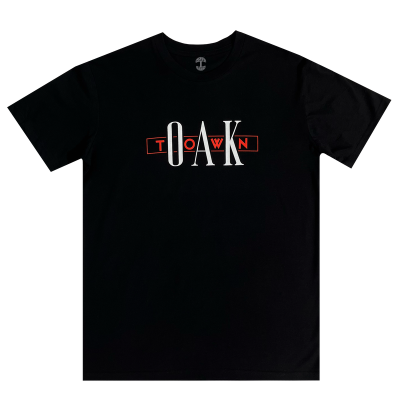 Black t-shirt with Oak and Town printed red and white ink on the chest.
