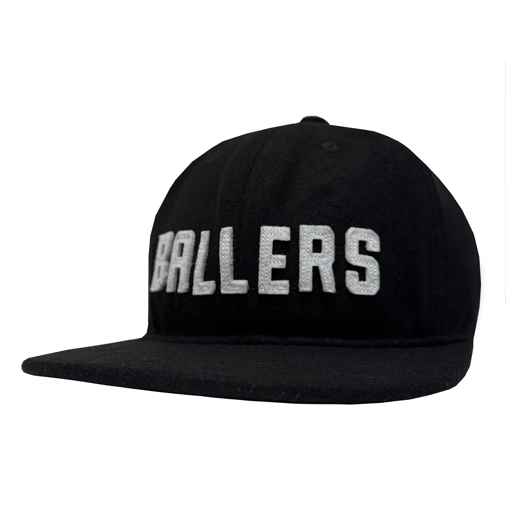 The Oakland Ballers Felt Applique Strapback is a black cap featuring “BALLERS” in bold white letters across the front. Shown at a slight angle on a plain white background, this adjustable strapback ensures the perfect fit.