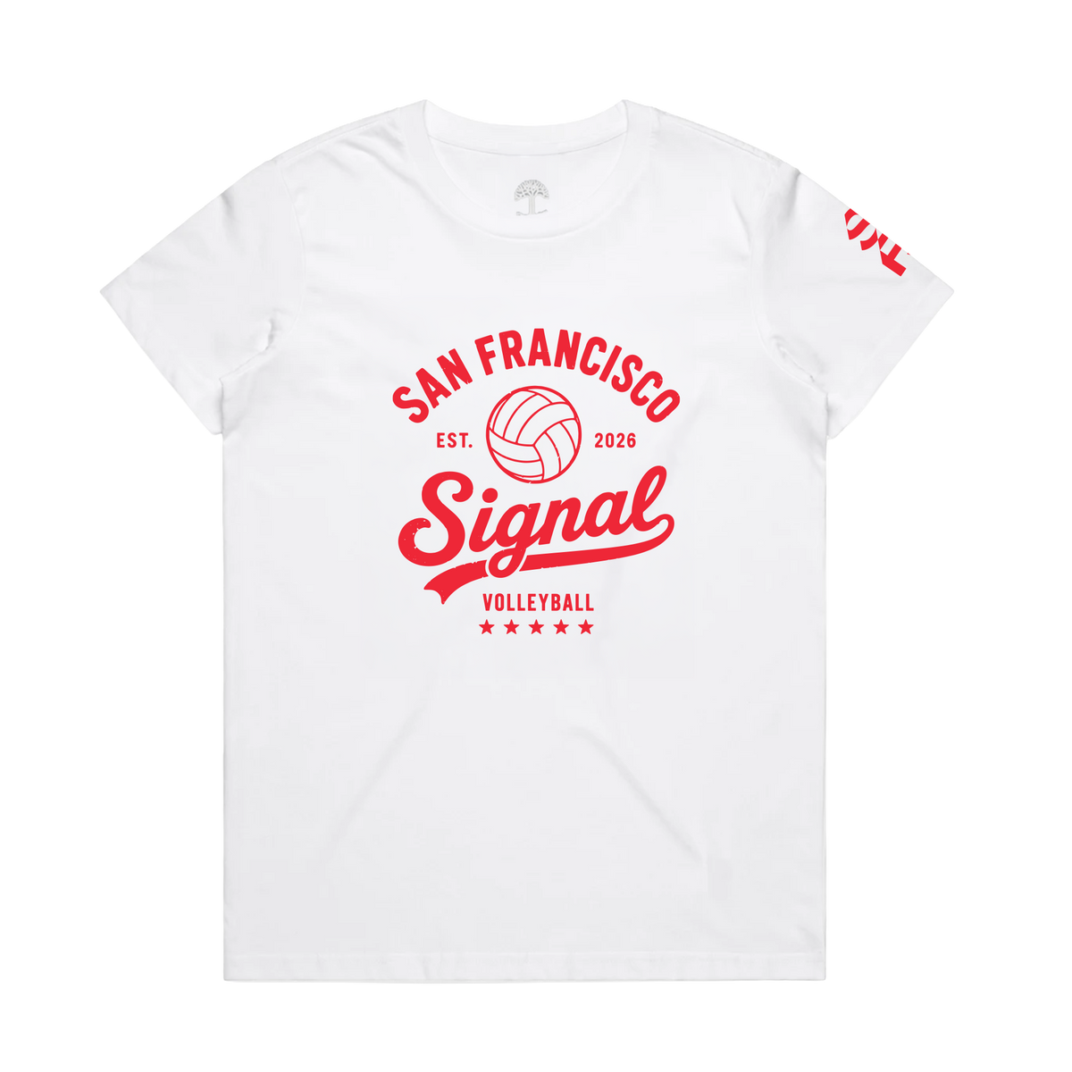 Women’s Approach Tee in white with a red volleyball graphic on the chest reading “San Francisco,” “Est. 2026,” “Signal,” and “Volleyball” above five red stars, featuring a small red SF Signal logo on the left sleeve.