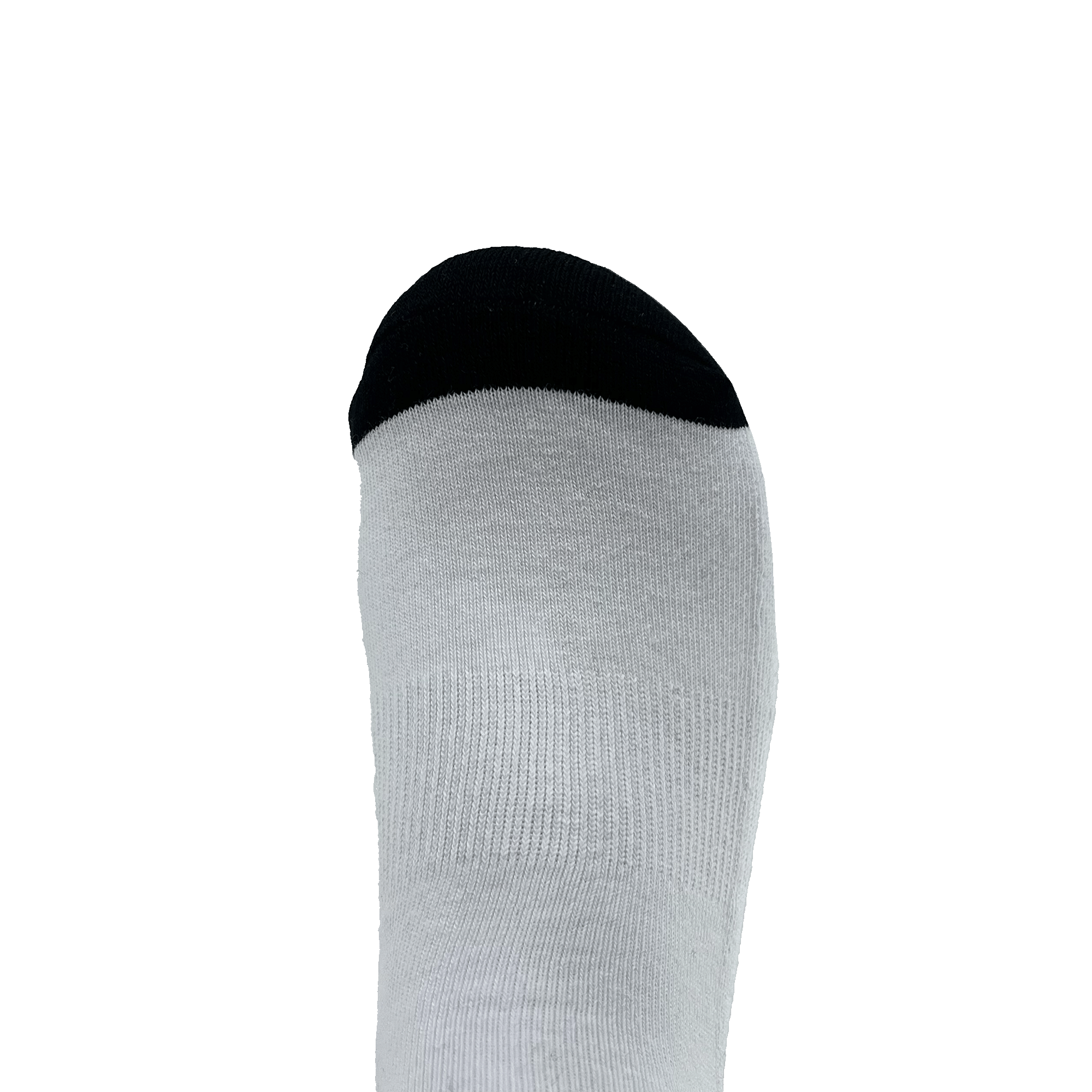 Close-up of black toe bed on white Oaklandish crew sock.