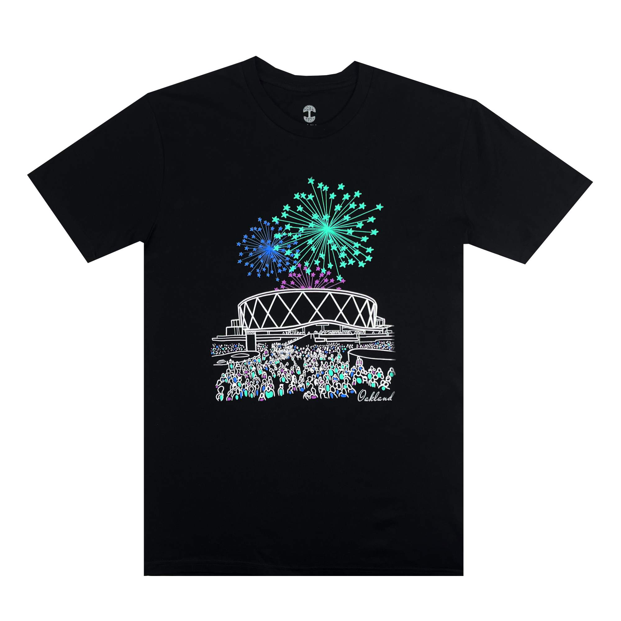 Introducing the Arena Magic Tee by Oaklandish – a black T-shirt showcasing an illustration of Oakland Arena illuminated by fireworks in the night sky. The arena is encircled by small, outlined figures symbolizing a cheering crowd, all depicted in white line art. At the bottom of this captivating scene, the word 'Oakland' is elegantly written in cursive, beautifully capturing the spirit of this iconic live entertainment venue.