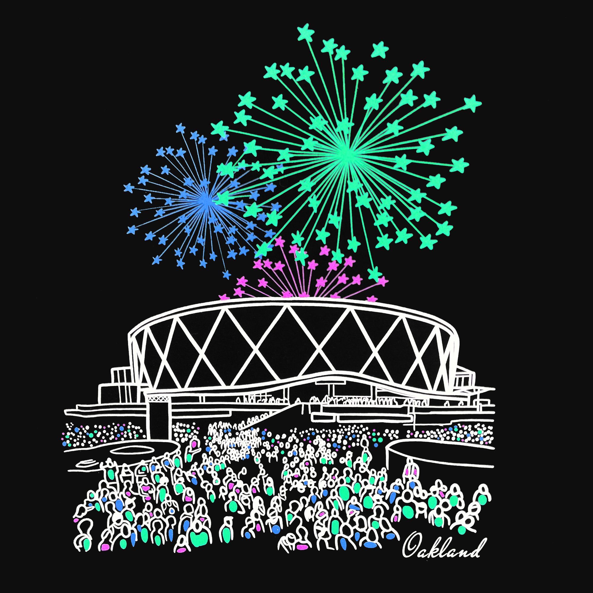 A vibrant illustration on the Arena Magic Tee by Oaklandish depicts a large crowd gathered at the illuminated Oakland Arena. Multiple fireworks in green, blue, and pink burst over the iconic live entertainment venue. Set against a black background, the scene highlights both the fireworks and the arena's geometric design.