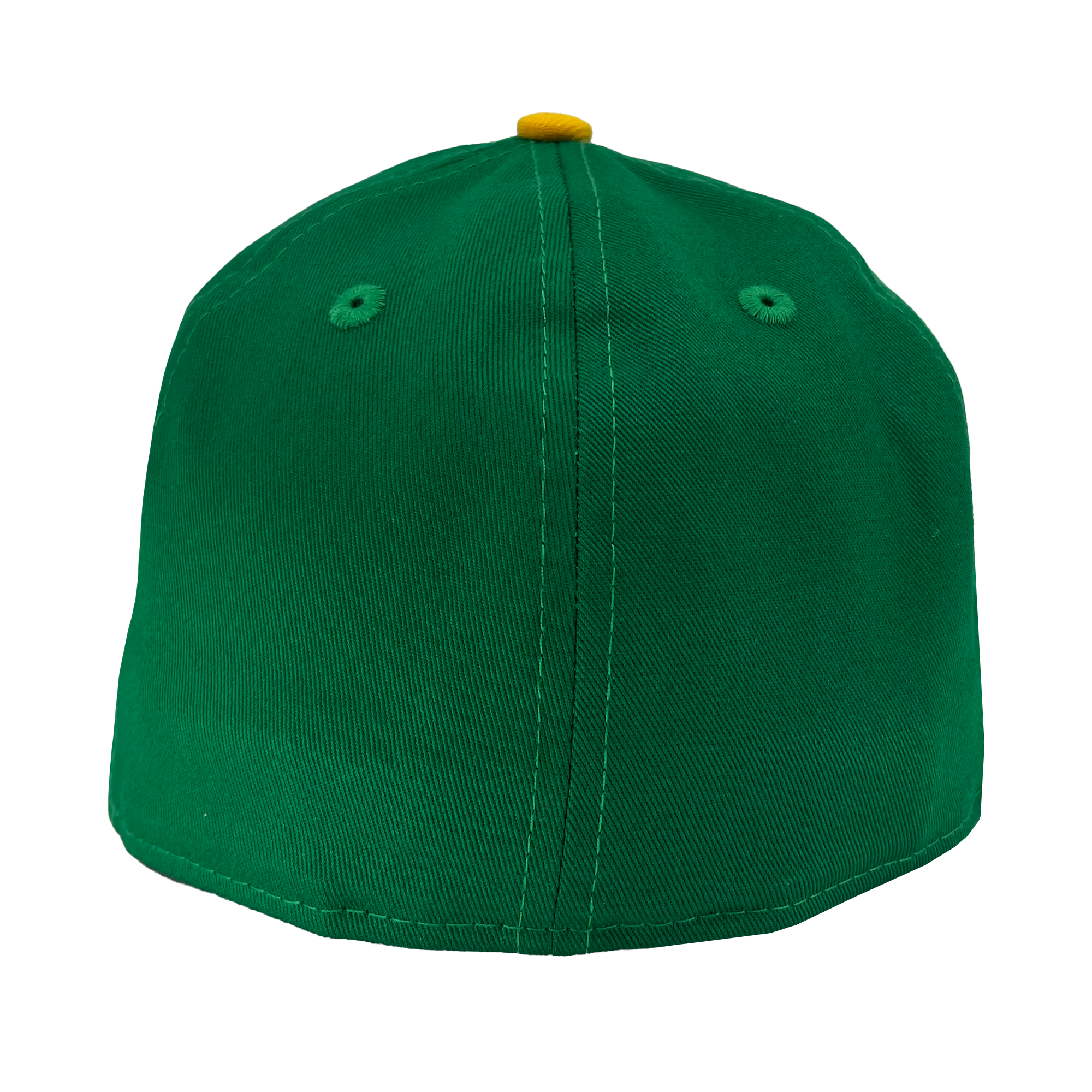 Backside of green crown with yellow button on top.