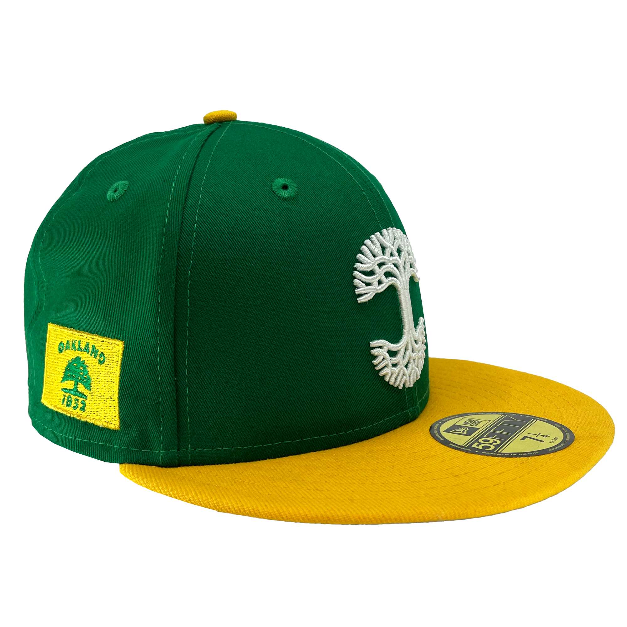 Side view of green fitted New Era cap with yellow visor & Oakland 1852 side patch.