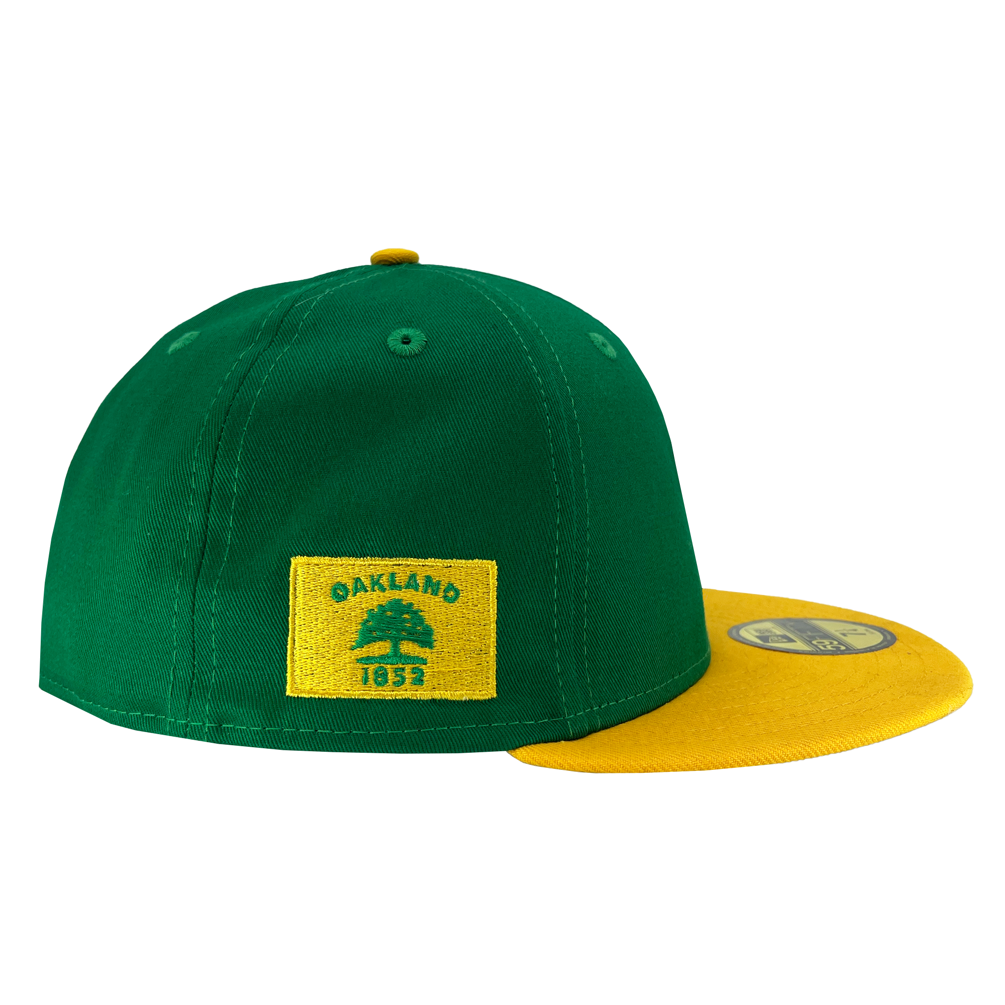 Side view of New Era Cap with yellow Oakland Flag Embroidery.