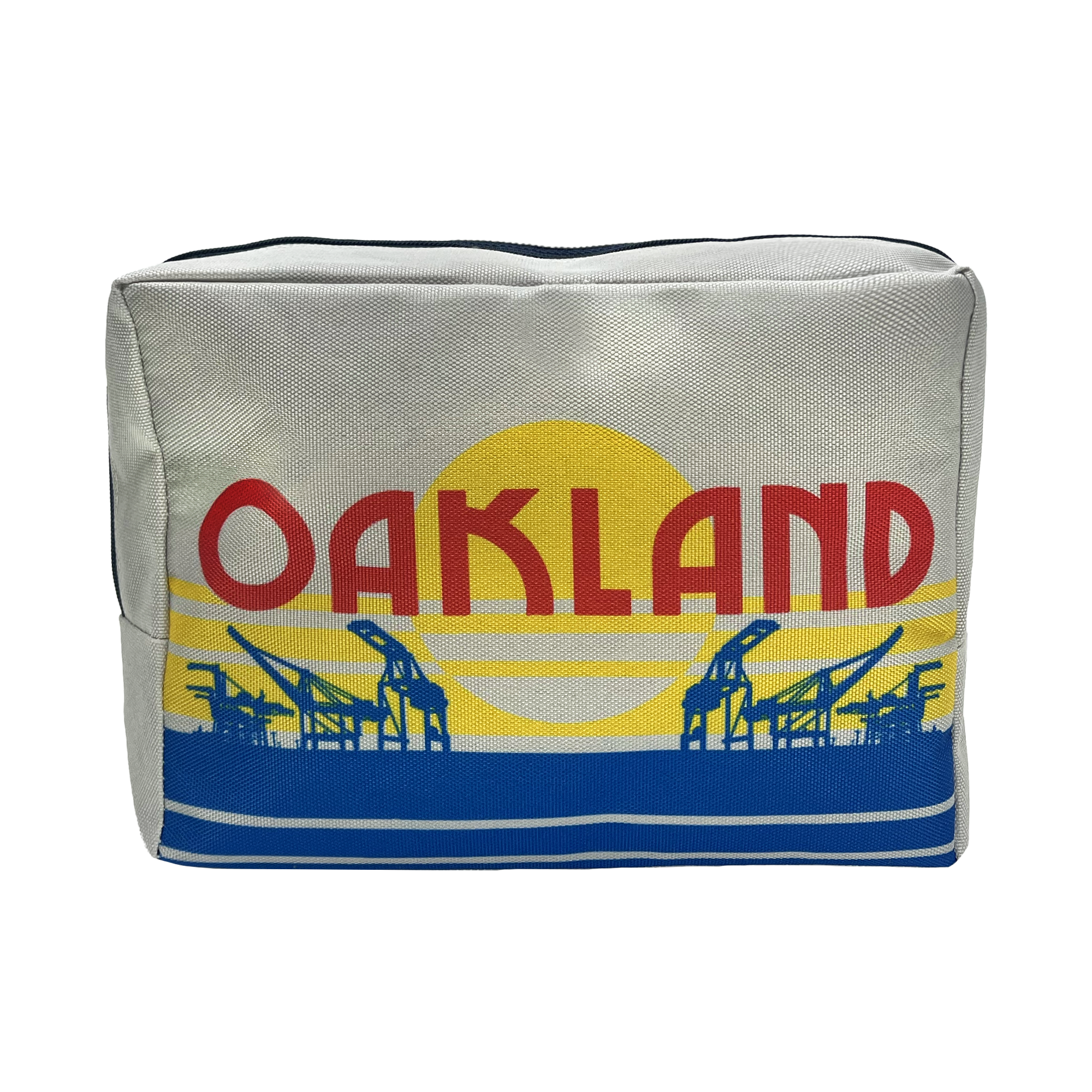 The front view of a polyester travel pouch with a red, blue, and yellow license plate design features an OAKLAND wordmark and graphic crane.