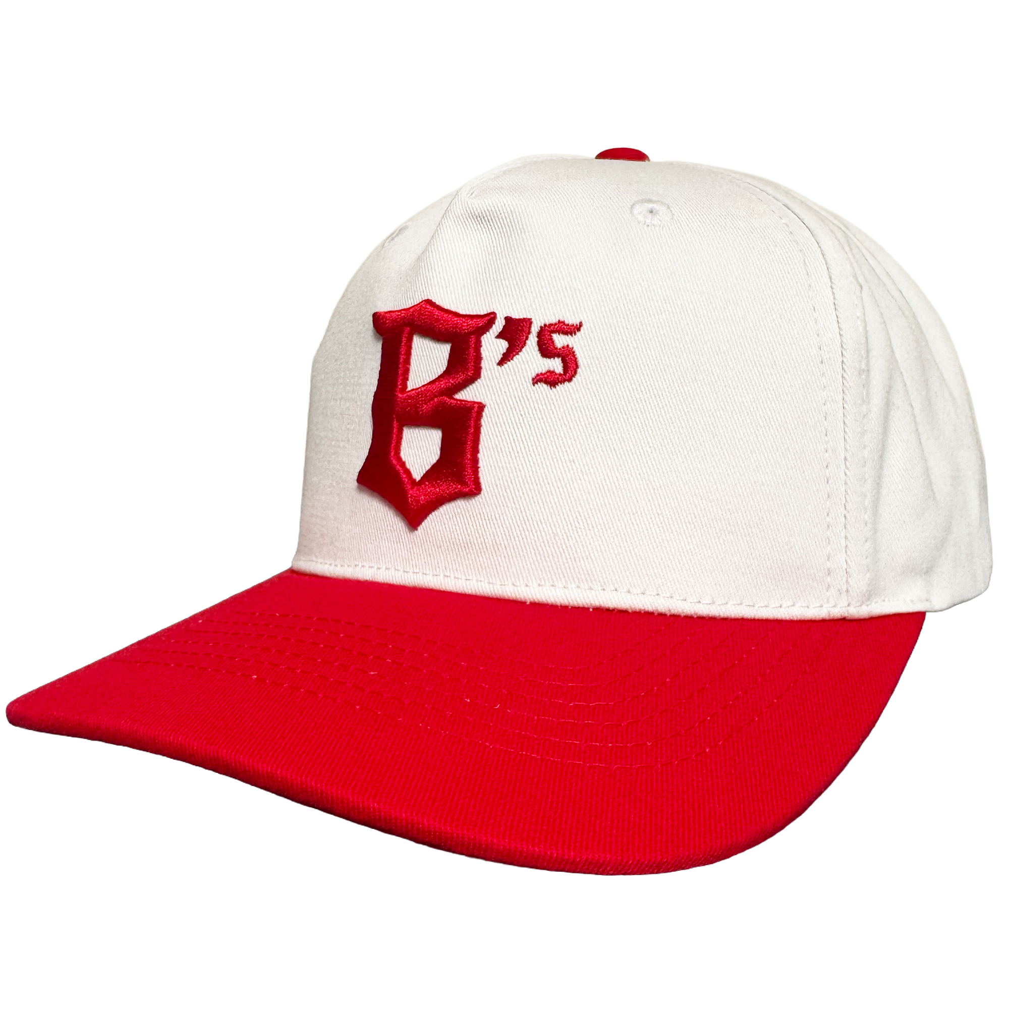 The Oakland Ballers 5 Panel Cap by Oakland Ballers features a white snapback design, red brim, and bold red embroidered "B's" on the front—perfect for any fan. The cap is displayed angled against a plain white background.