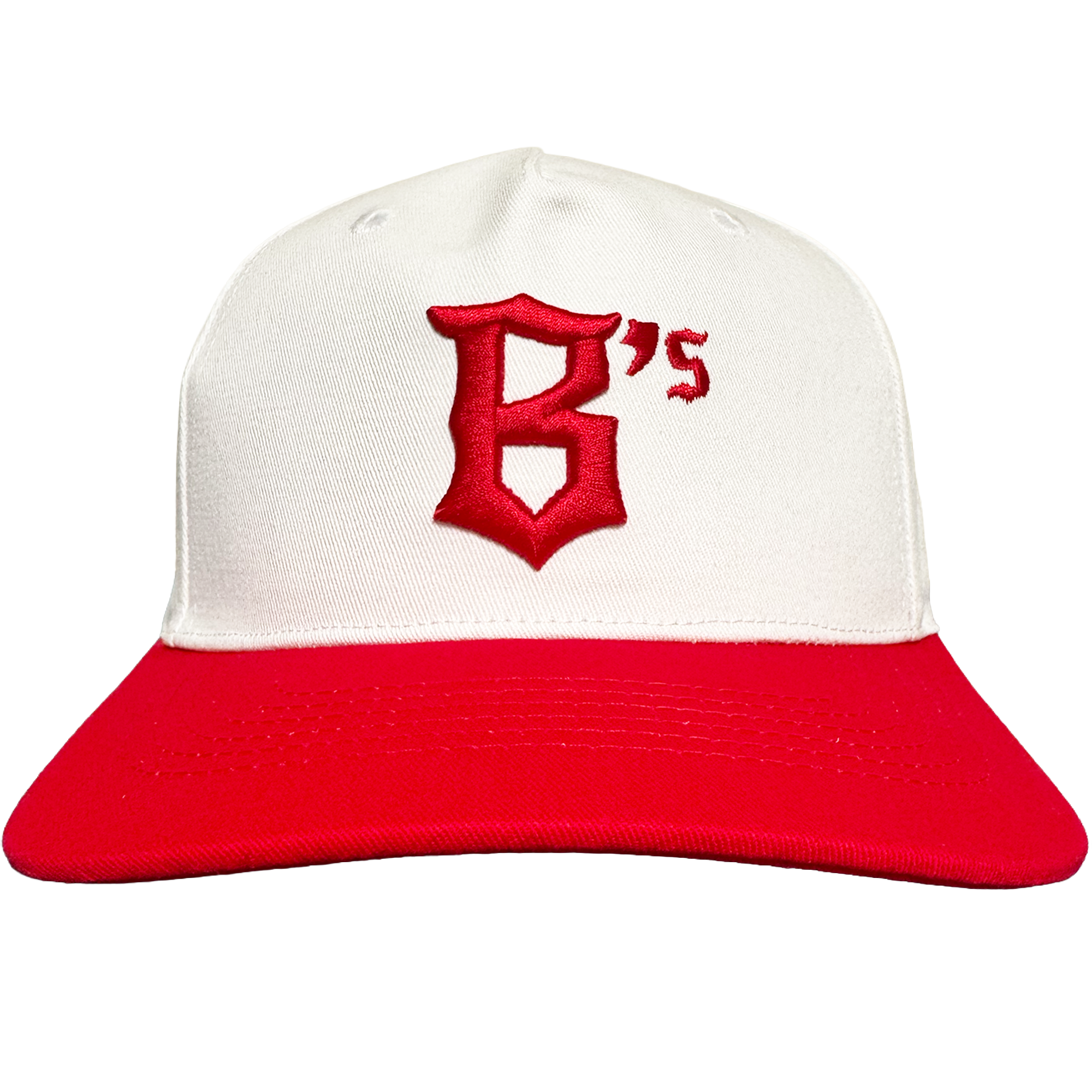 The Oakland Ballers 5 Panel Cap by Oakland Ballers is a white snapback with a red brim, featuring a large red "B" and small "'s" embroidered on the front. The background is plain light gray.