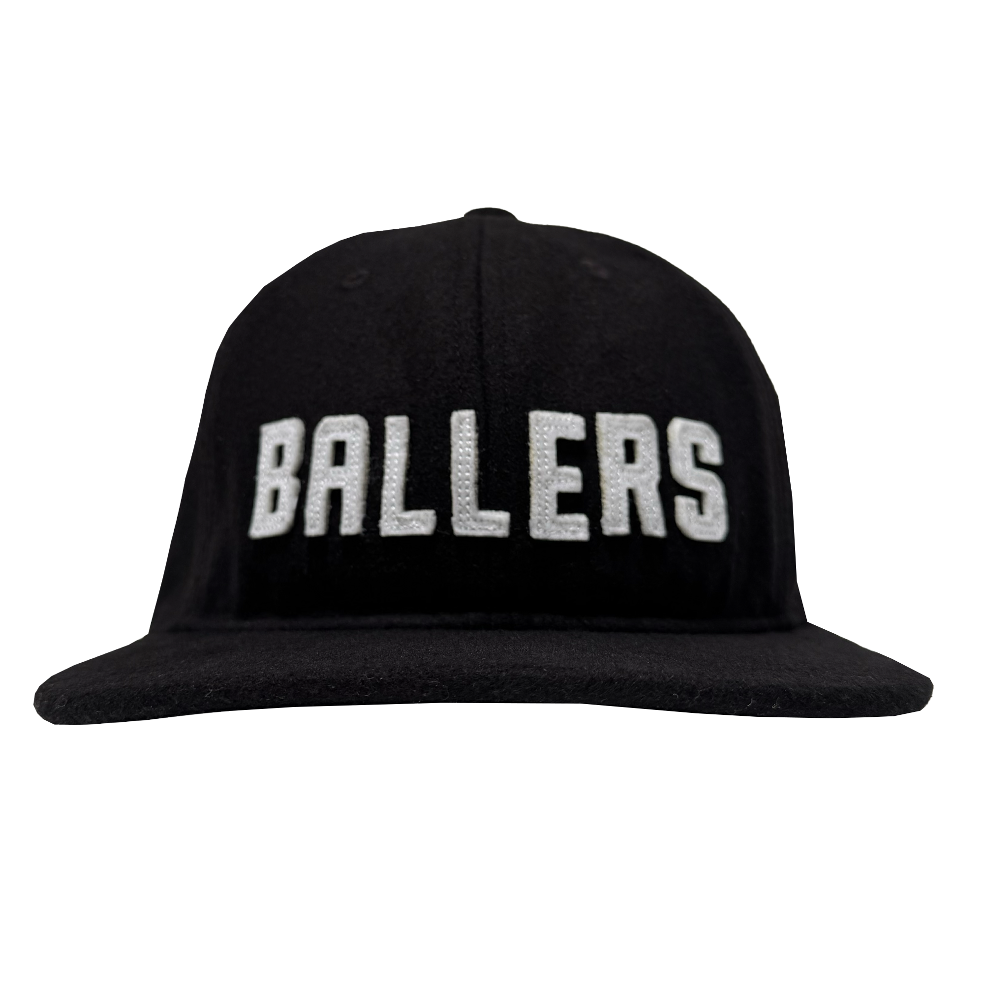 The Oakland Ballers Felt Applique Strapback is a black hat made from a premium polyester wool blend, with "BALLERS" in bold white letters on the front. Brand: Oakland Ballers. Background is plain white.