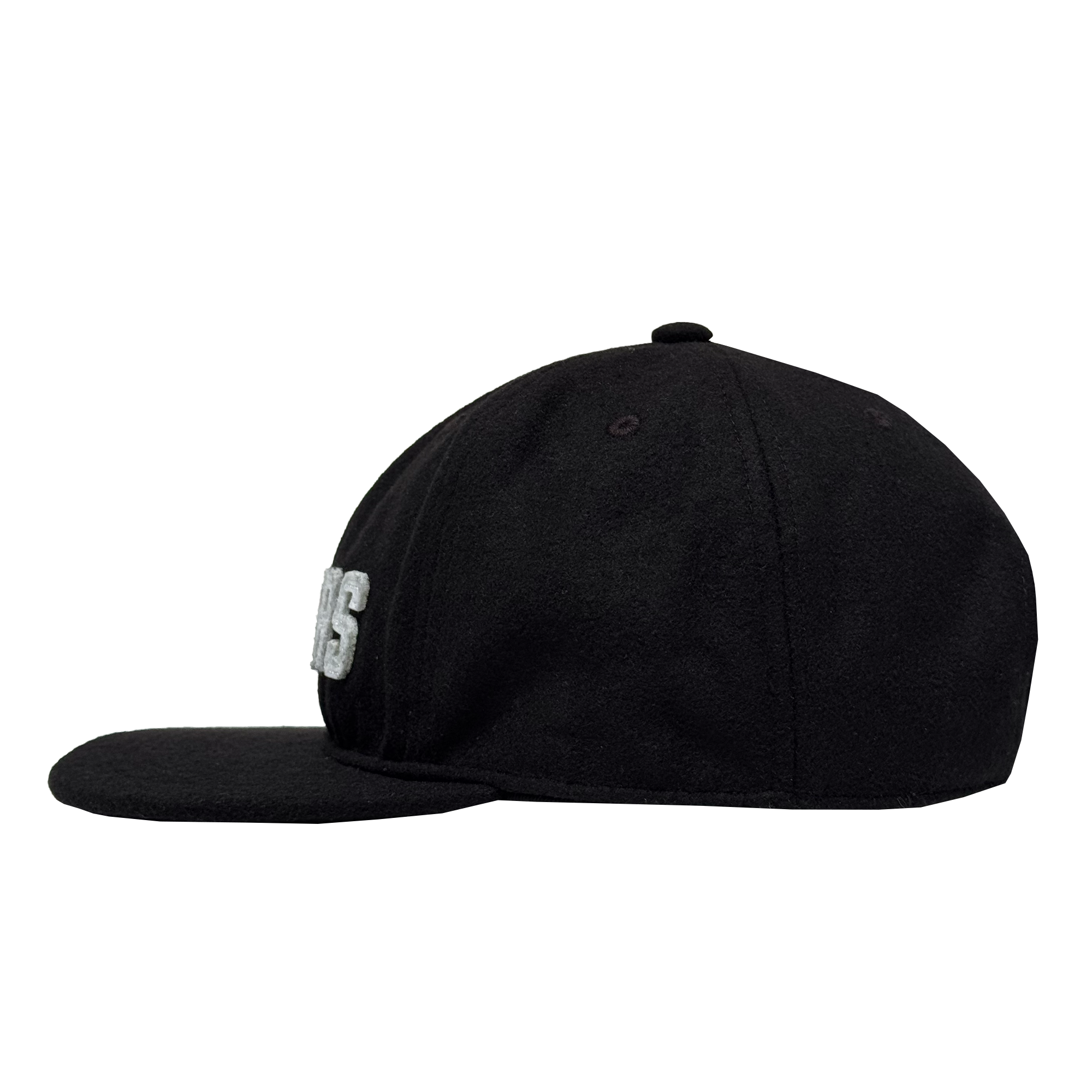The Oakland Ballers Felt Applique Strapback is a black hat with a flat brim and slightly rounded crown, shown from the side. Raised white embroidered letters appear on the front. Made from a polyester wool blend. Brand: Oakland Ballers.