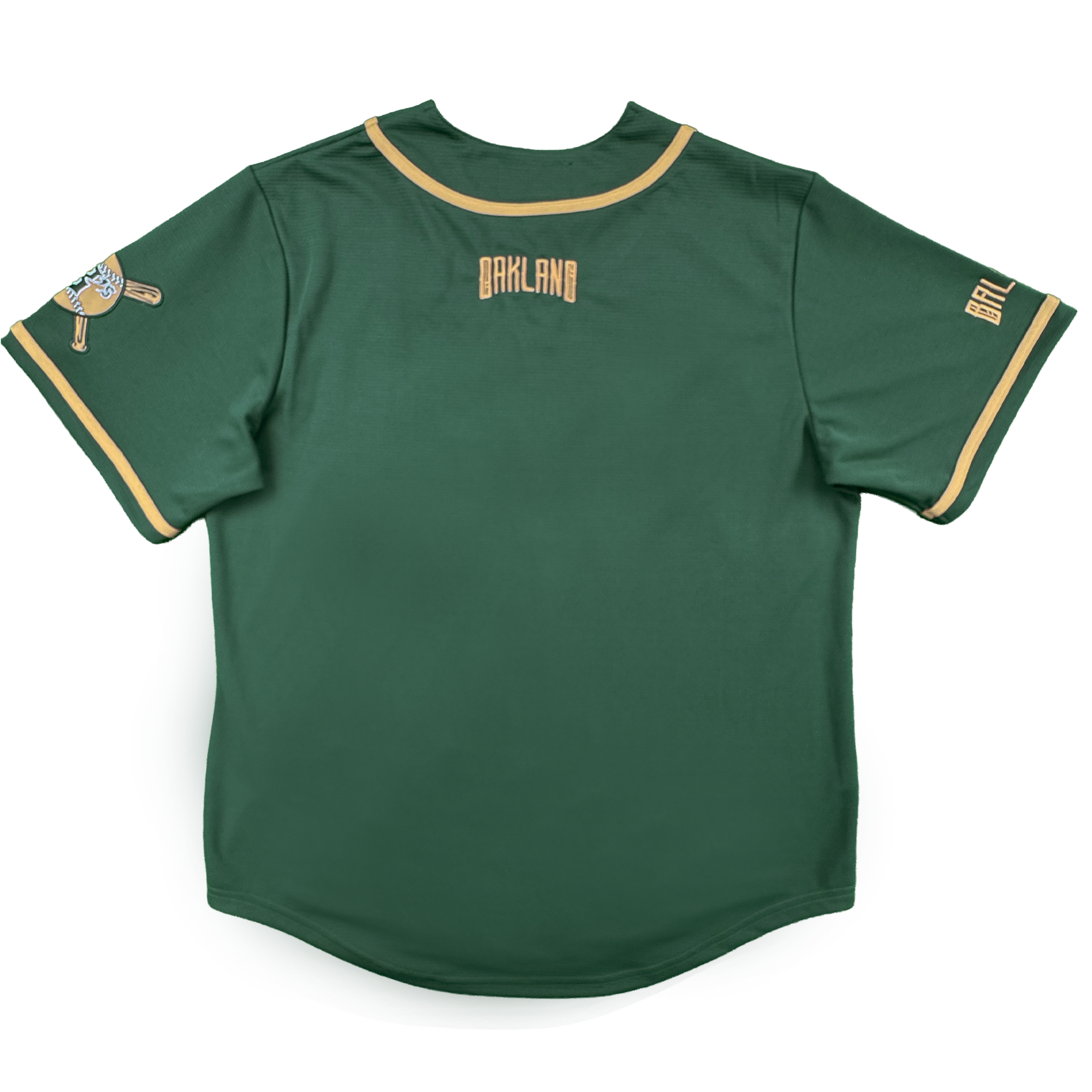 The Oakland Ballers Oakland Button Up Jersey is green with gold trim on the sleeves and collar, "OAKLAND" in gold text on the upper back, a Pioneer League patch on the left sleeve, and "BALLERS" in gold on the right sleeve. Laid flat, back facing up.