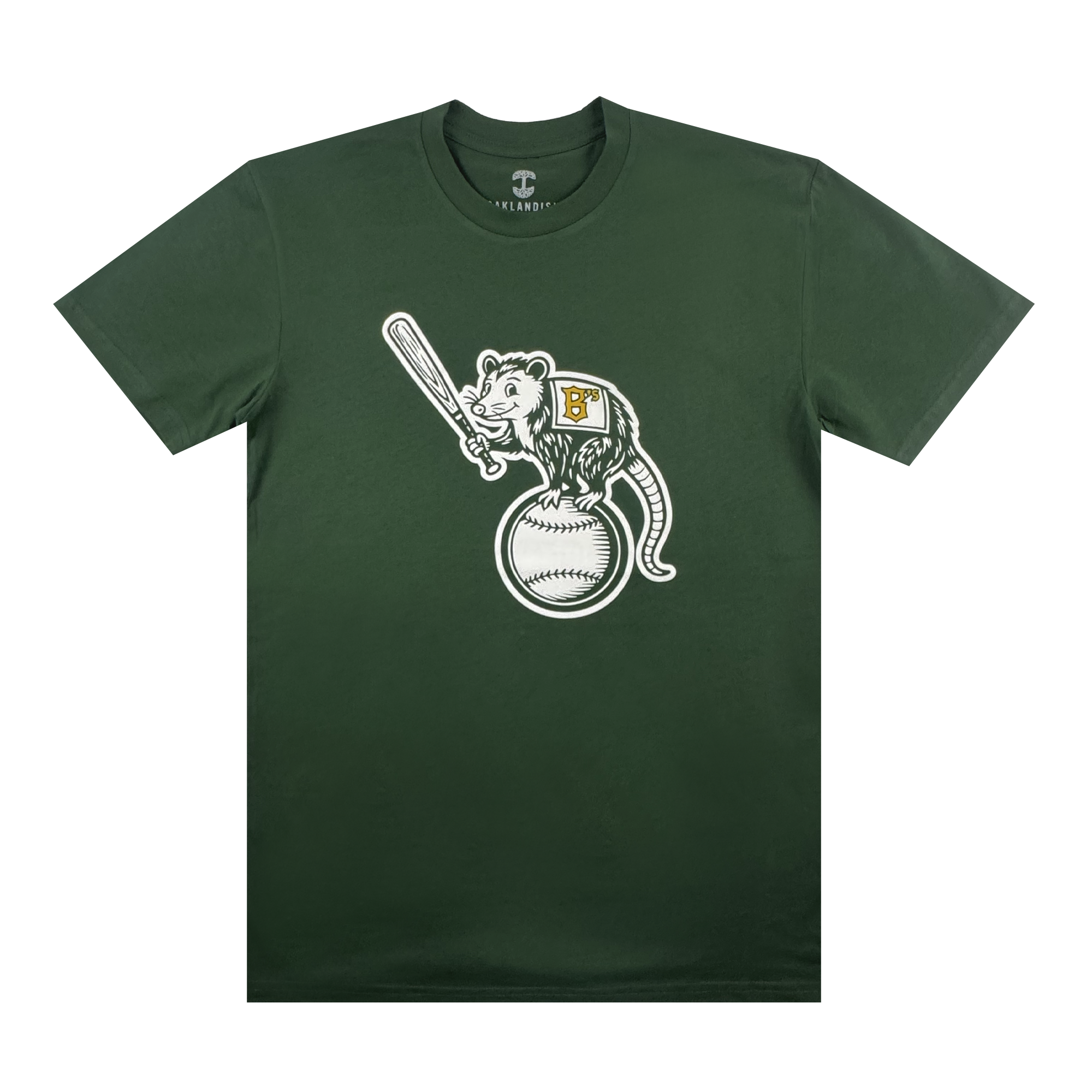 The Clutch Tee by Oakland Ballers showcases a cartoon opossum in a yellow "B" jersey with a bat, standing on a baseball, all on dark green fabric against a white background.