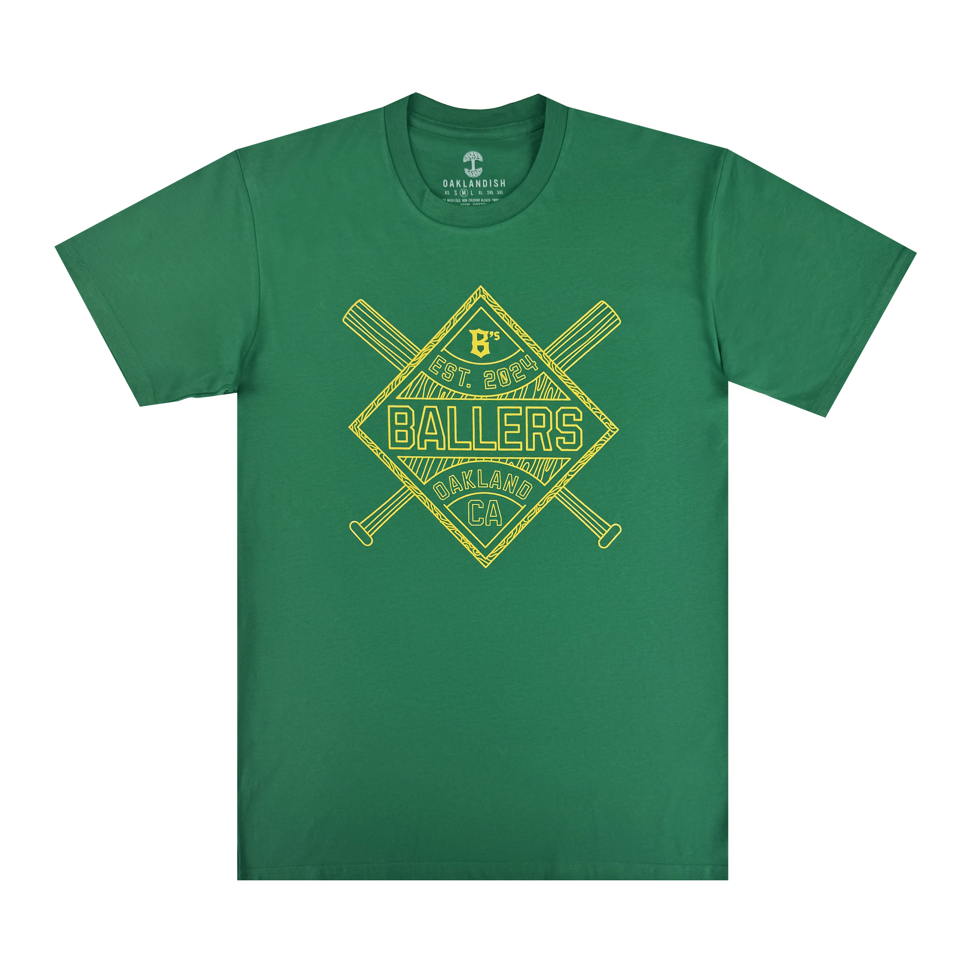 The Classic Diamond Tee by Oakland Ballers is a green T-shirt with a yellow diamond reading “BALLERS,” “Est. 1968” above, “Oakland CA” below, and crossed bats—honoring Oakland’s pro baseball team.