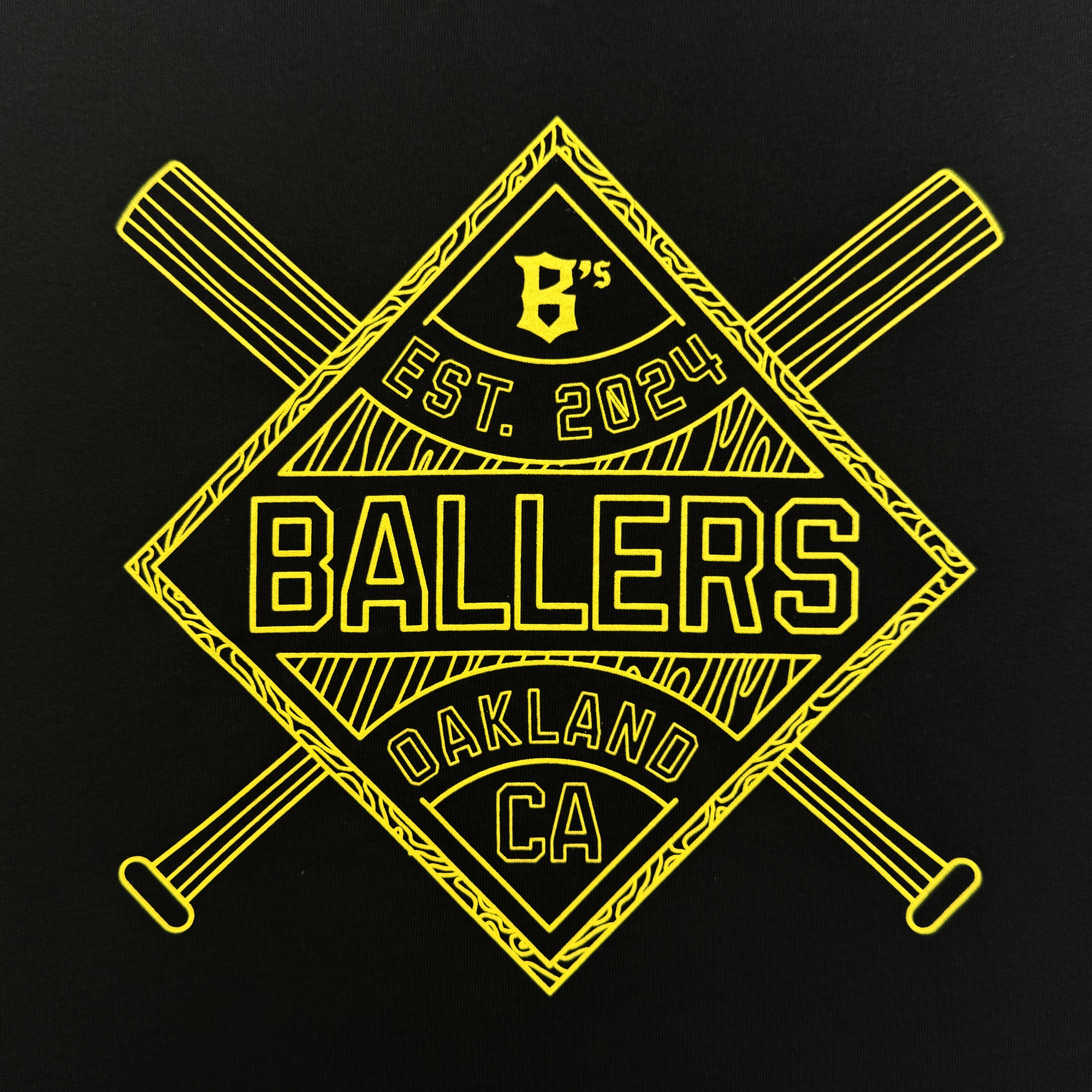 The Oakland Ballers Women's Classic Diamond V-Neck features a yellow, hand-drawn baseball logo with crossed bats and bold text: "B’s EST. 2024 BALLERS OAKLAND CA" on black—ideal for any Pro Baseball Team fan.