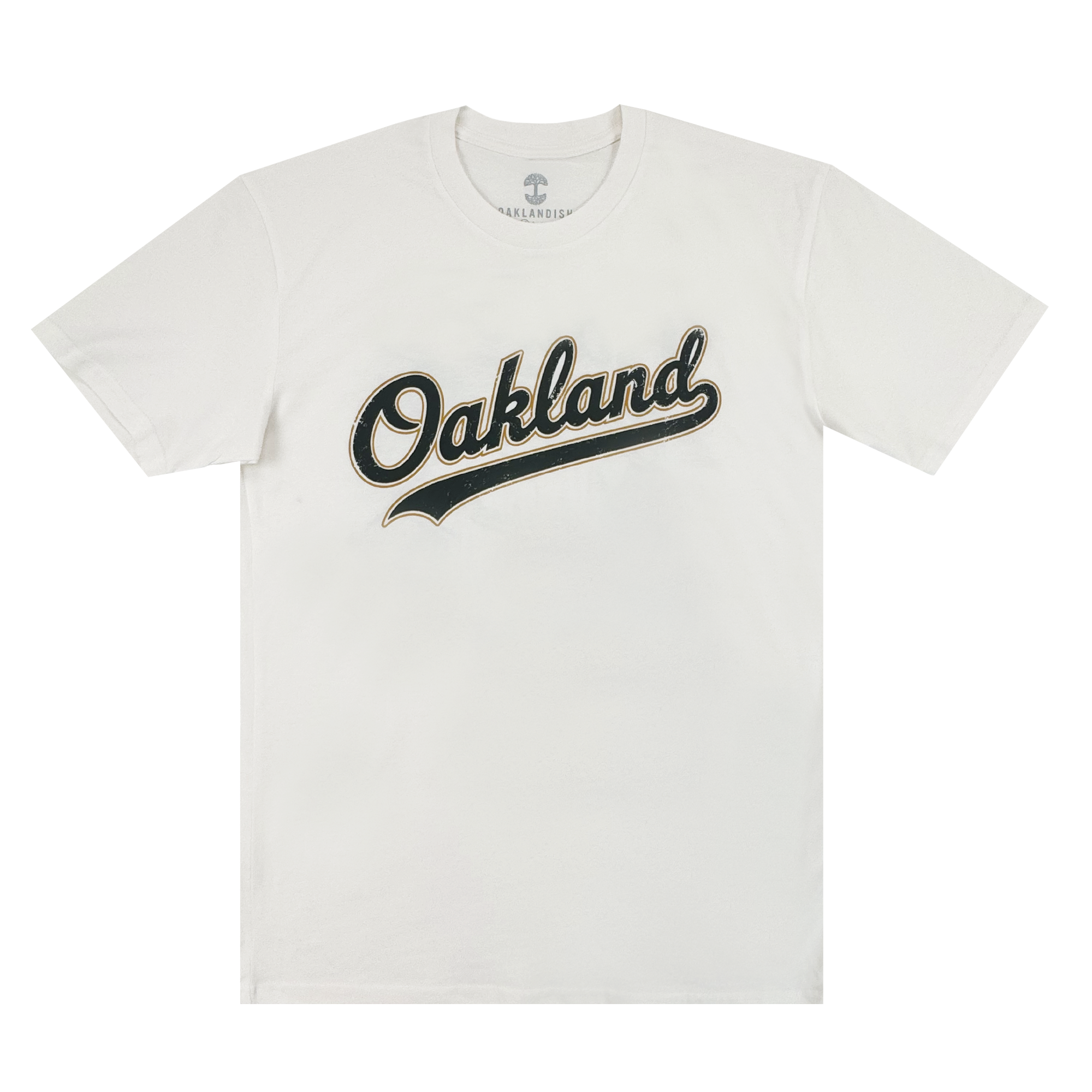 The Oakland Ballers Dugout Tee is a white shirt featuring "Oakland" in bold black script with gold outline and a swooping underline—no other designs—perfect for any fan of Oakland baseball.