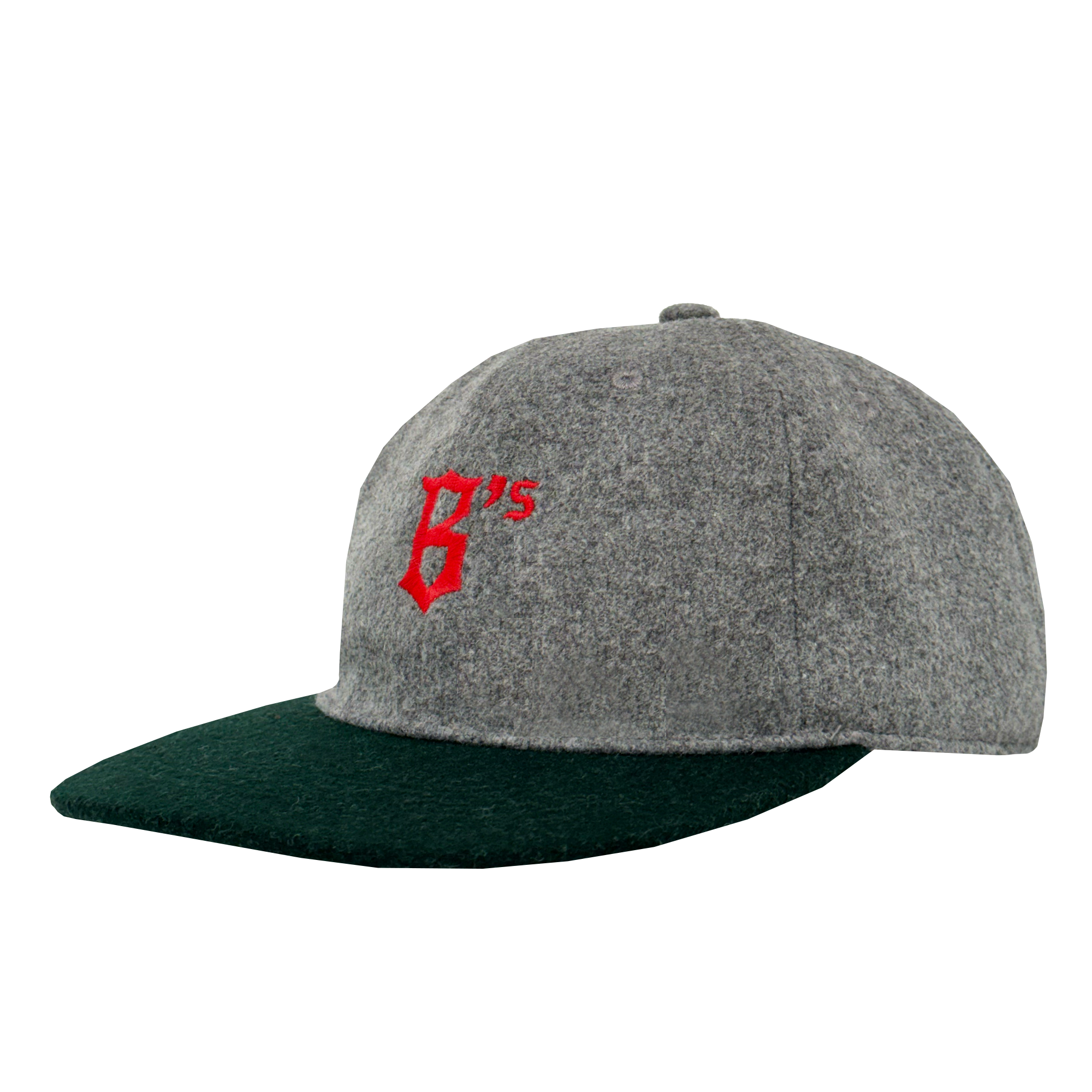 The Oakland Ballers B Strapback by Oakland Ballers is a gray polyester wool hat with a dark green brim. It features an embroidered large red "G" and small red "'s" on the front left, shown in profile against a plain white background.