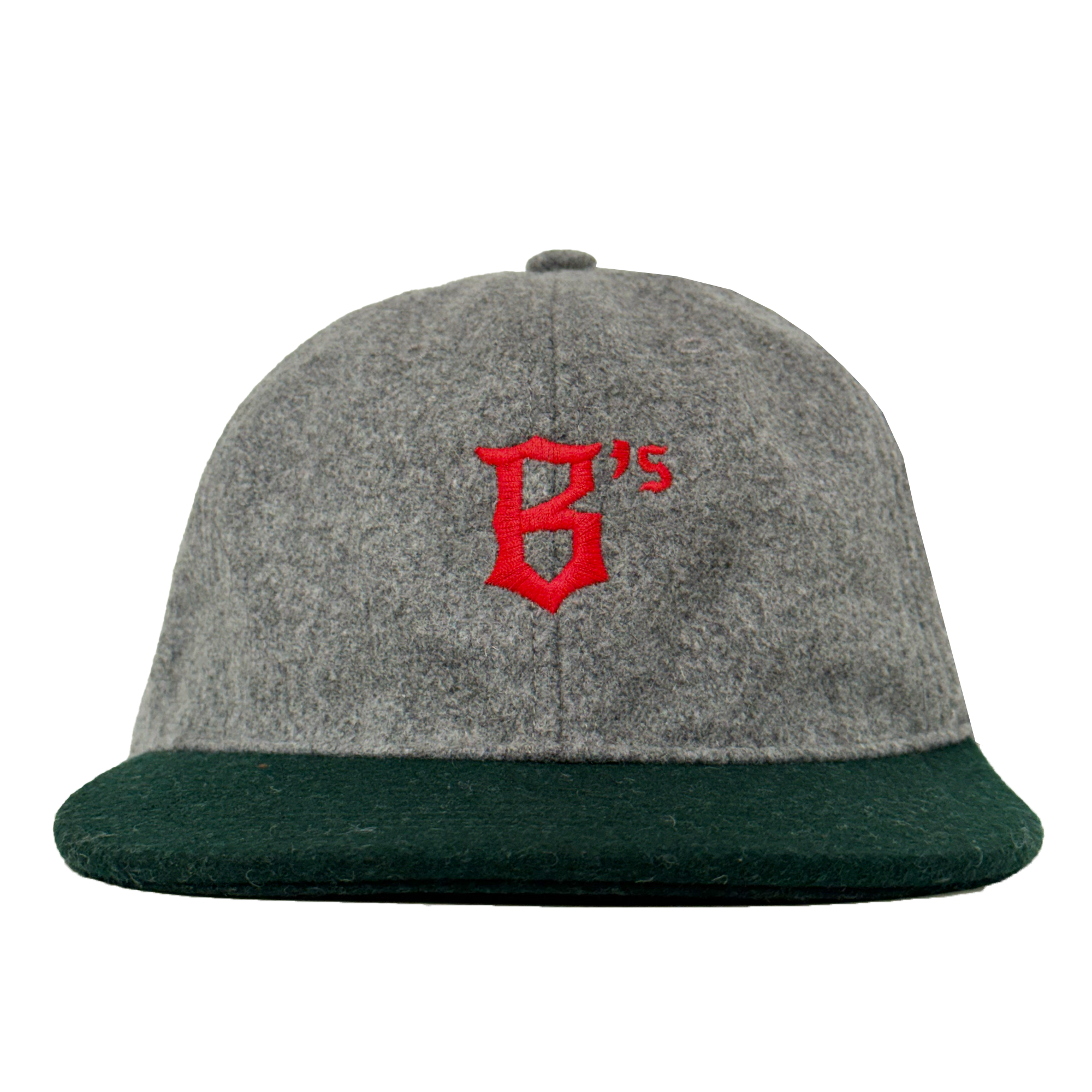The Oakland Ballers B Strapback is a gray polyester wool hat with a dark green brim, red embroidered "B'5" on the front, and a top button. No visible logos besides the embroidery. Background is plain white. Brand: Oakland Ballers.