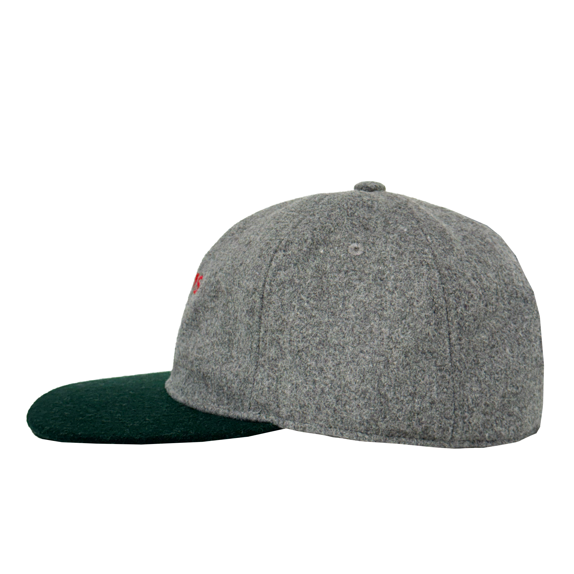 The Oakland Ballers B Strapback is a grey polyester wool baseball cap with a dark green flat brim, round crown, top button, stitched ventilation eyelets, and no visible side logos or embroidery. Shown from the side. Brand: Oakland Ballers.