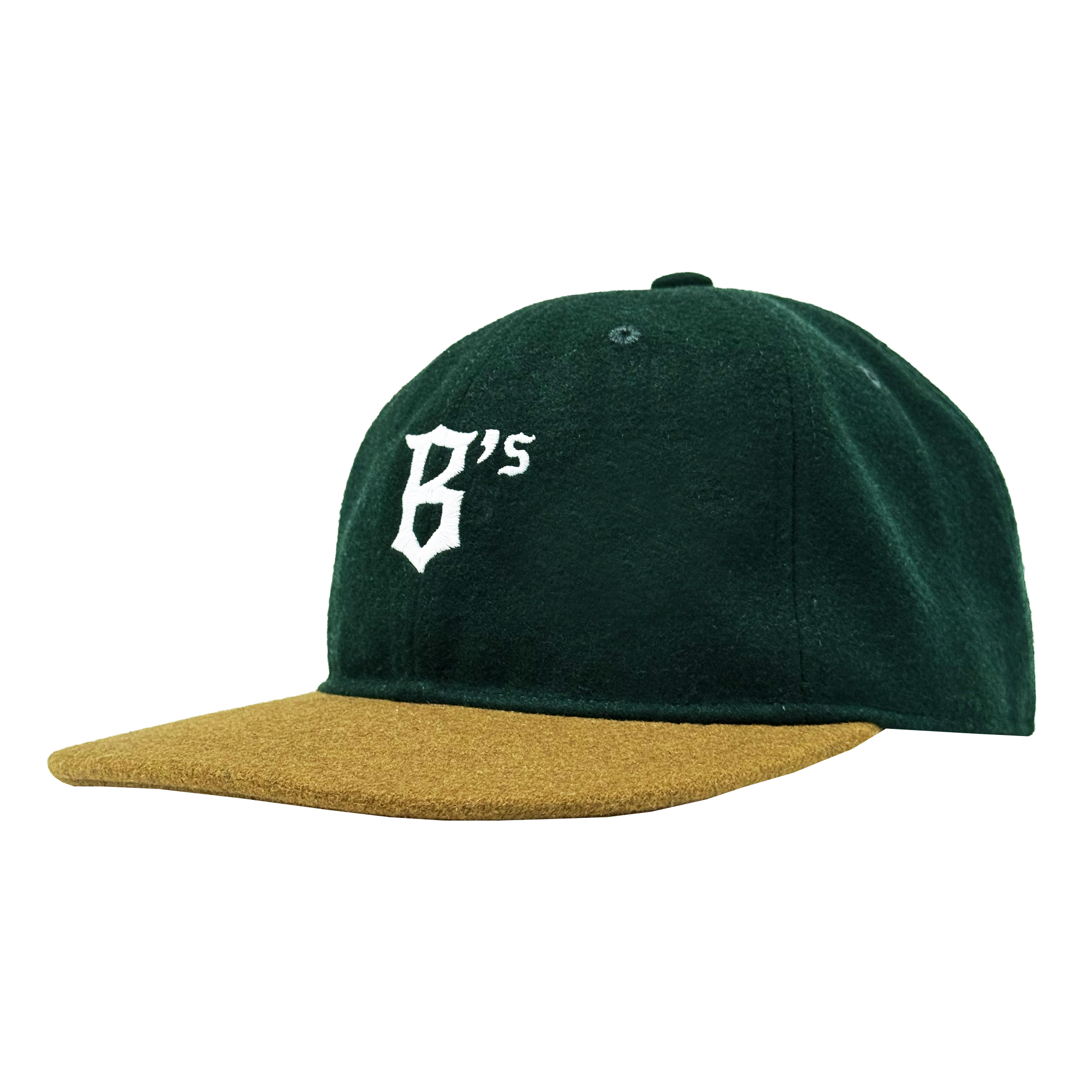 The Oakland Ballers B Strapback by Oakland Ballers features a dark green design with a brown brim and an embroidered white vintage-style "B" on the front. Shown angled to display the adjustable strap and both the front and left side.