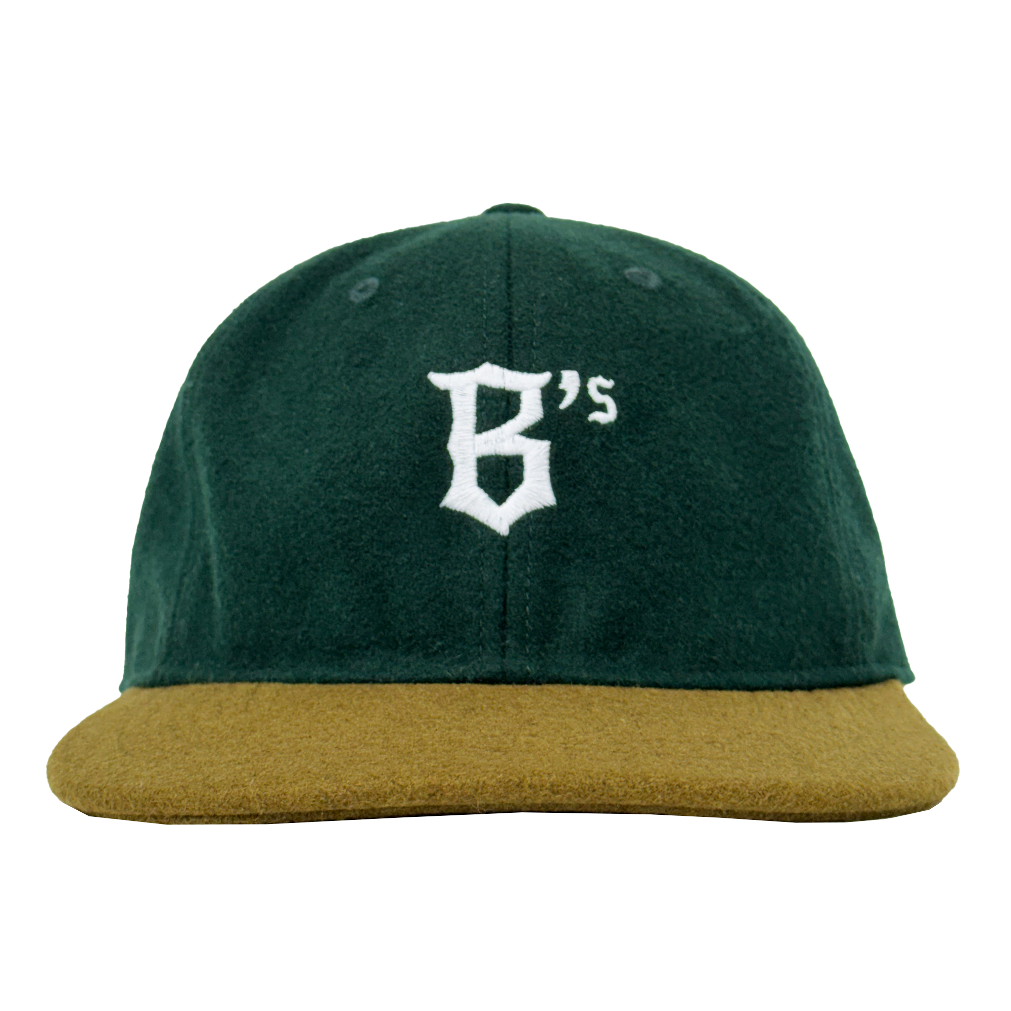 The Oakland Ballers B Strapback by Oakland Ballers features a dark green crown, brown brim, and an embroidered white Old English "B" on the front. This adjustable strapback hat is shown from the front against a plain white background.