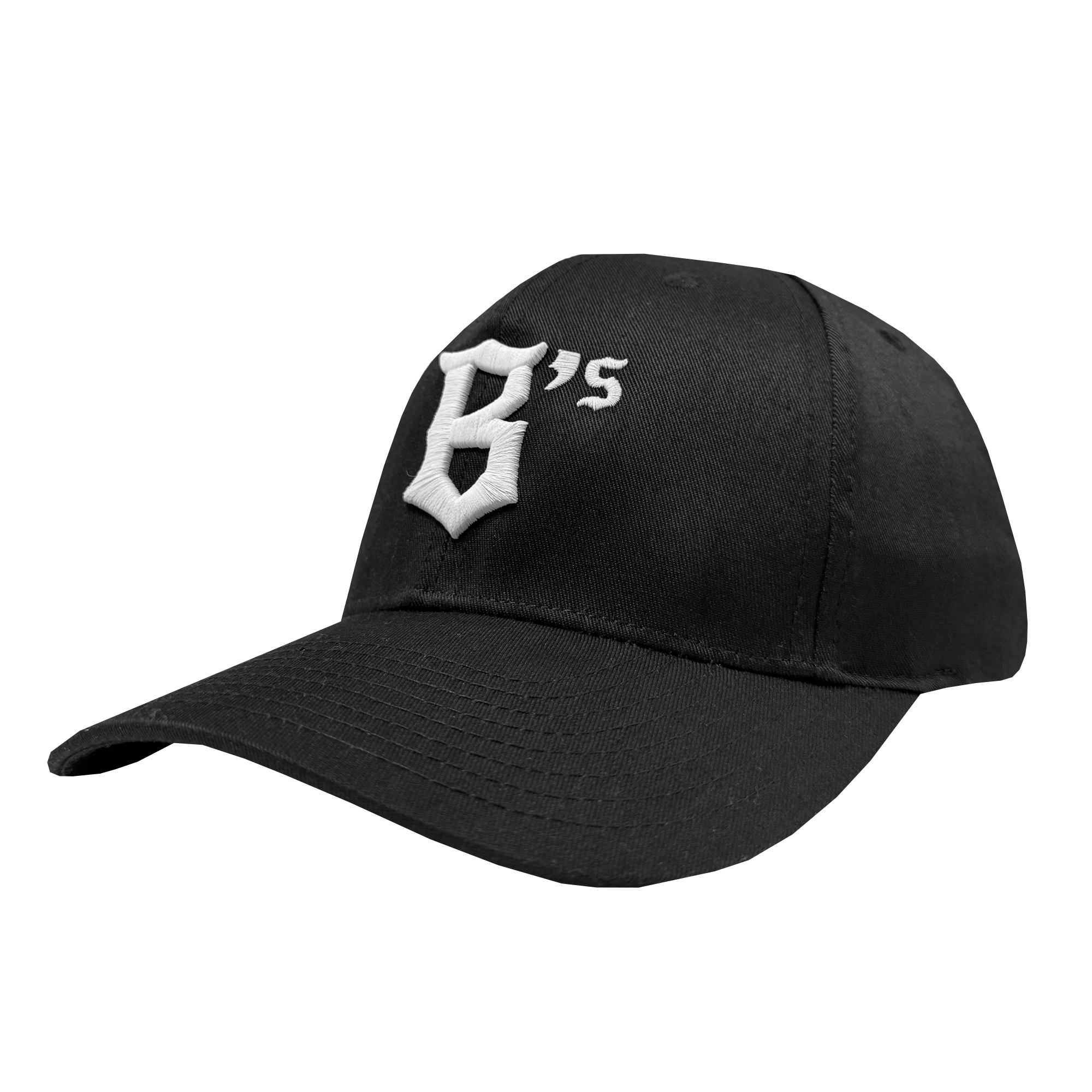 The Oakland Ballers Flexfit Cap is a black polyester-spandex baseball cap with a curved brim and white embroidered “G’s” in Gothic font. The Oakland Ballers brand cap is shown angled on a plain white background, showing the front and side.