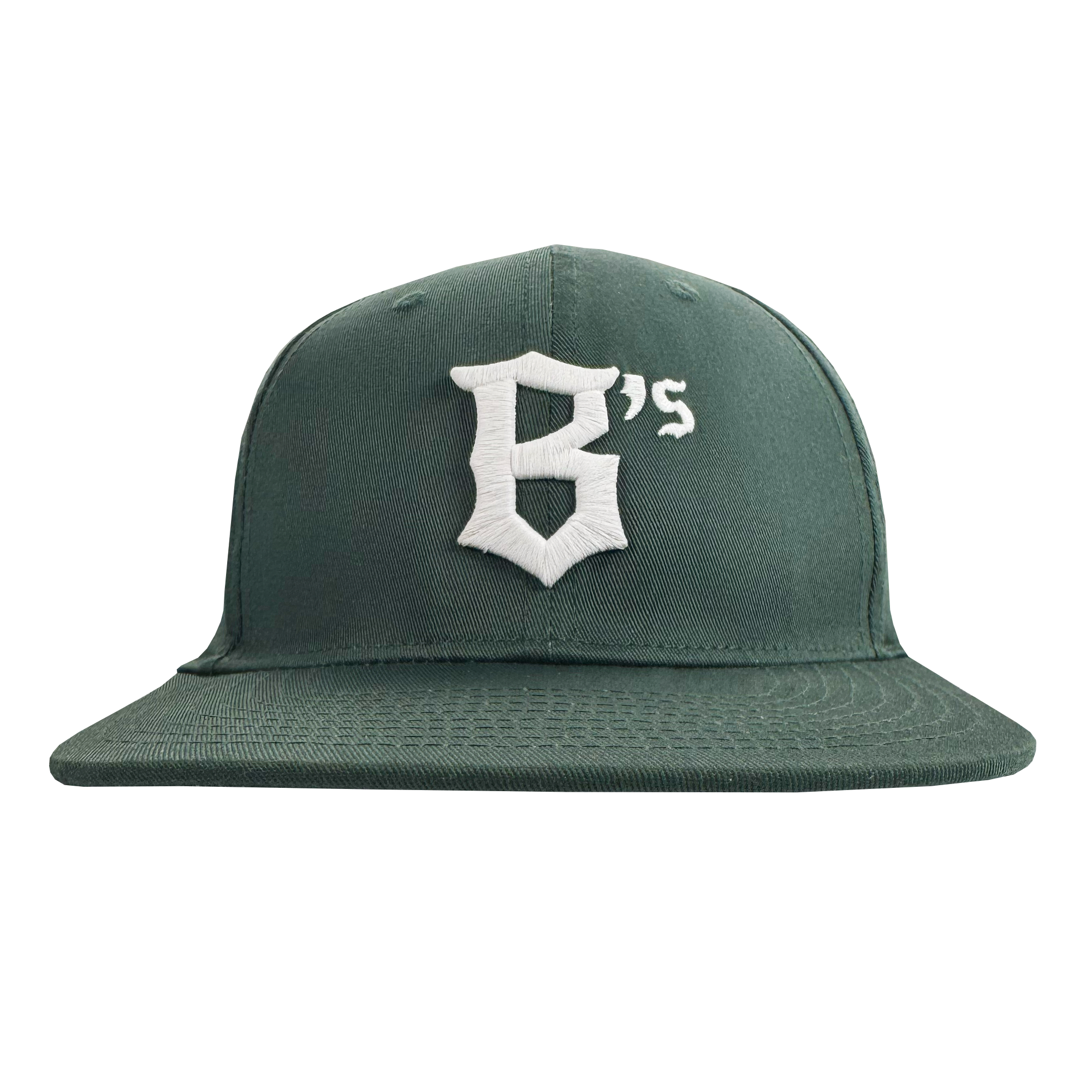 The Oakland Ballers Flexfit Cap by Oakland Ballers is a dark green flat-brim hat with a bold white embroidered "B" and raised "’s," paying tribute to the newest pro baseball team in the Pioneer League.