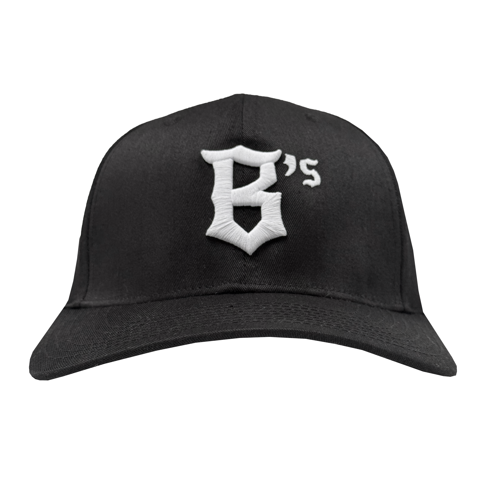 The Oakland Ballers Flexfit Cap by Oakland Ballers is a black baseball hat with a white, Gothic-style embroidered “B’s” on the front, featuring a curved brim and structured crown. Shown against a white background.